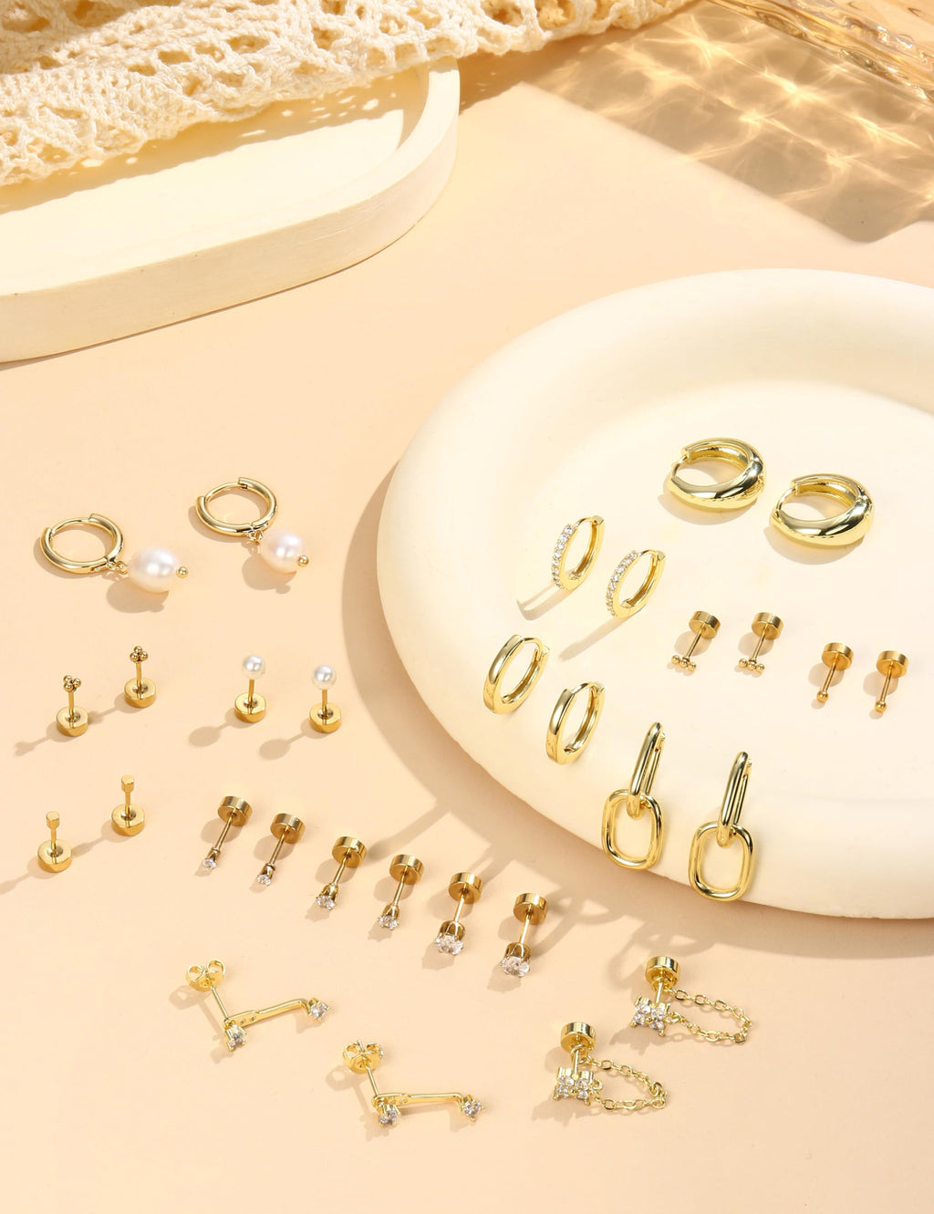 LOLIAS Flat Back Earrings for Women Hypoallergenic Surgical Steel Earrings for Sensitive Ears-20G Cartilage Earring Stacks 14K Gold Plated Hoops Flatback Stud Earring Sets for Multiple Piercing 14K Gold Plated