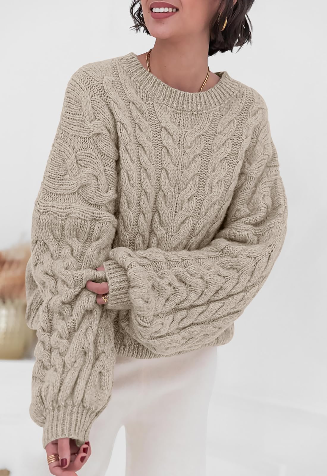 PRETTYGARDEN Womens Sweaters Fall 2026 Cable Knit Long Sleeve Crewneck Oversized Sweater Chunky Pullover Loose Outfits (Khaki, X-Large)