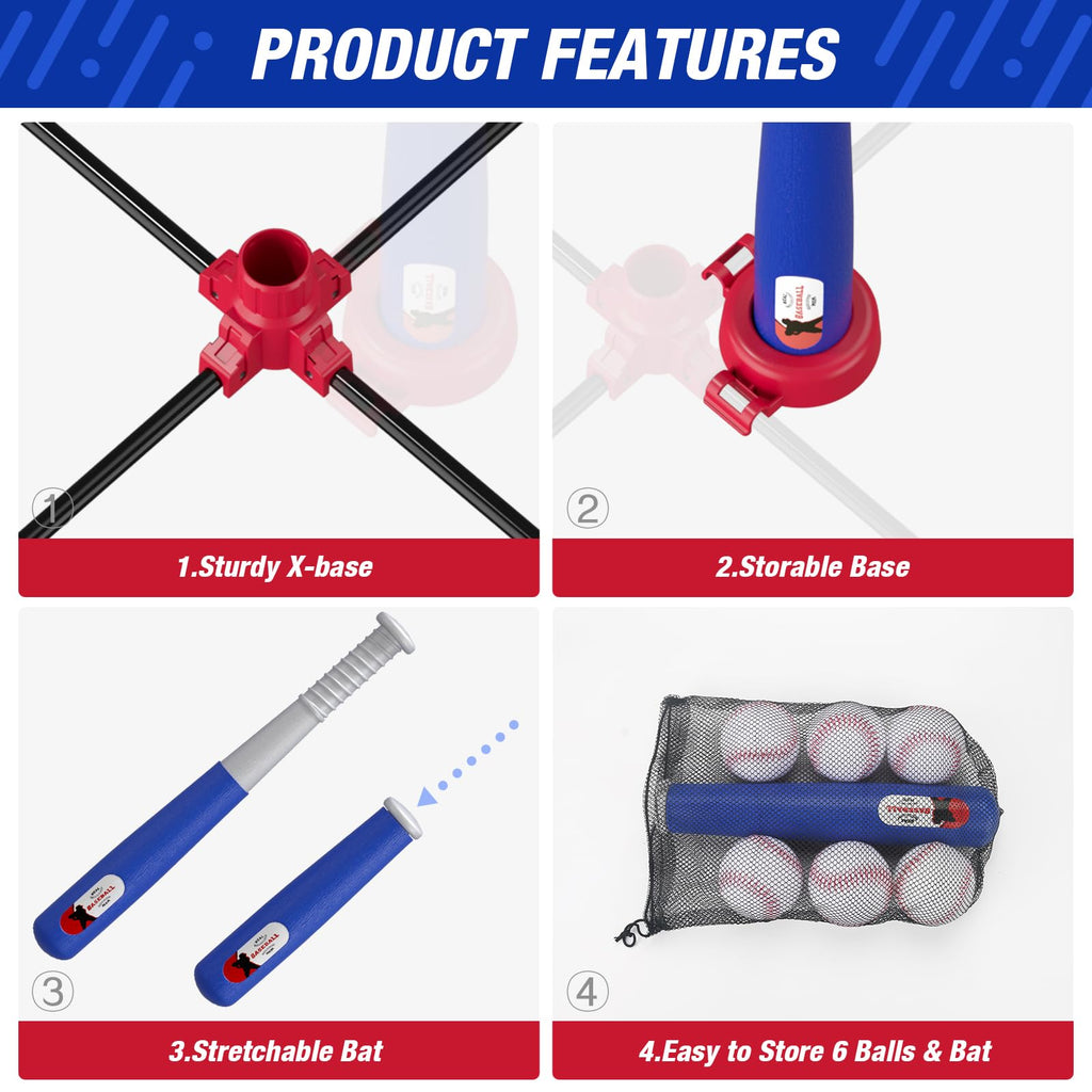 HYES 3-in-1 Baseball Set for Kids 3-5 - Tee Ball Stand, Hanging Tee, Ball Launcher and 6 Softballs - Adjustable Height, Indoor/Outdoor Sport Gifts for Boys Girls, Blue