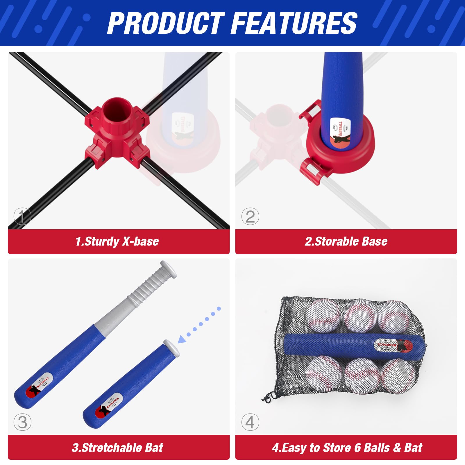 HYES 3-in-1 Baseball Set for Kids 3-5 - Tee Ball Stand, Hanging Tee, Ball Launcher and 6 Softballs - Adjustable Height, Indoor/Outdoor Sport Gifts for Boys Girls, Blue