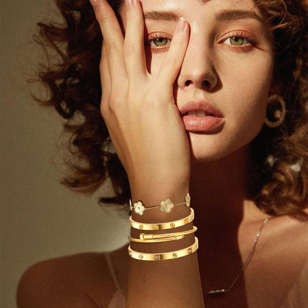 Ntutrxk Gold Bracelets for Women-4Sets,18K Gold Plated Bracelet,Stainless Steel Bangle Bracelets Non Tarnish, Gold Bracelet Set Trendy Jewelry,Christmas Valentines Birthday Gifts Mother's Day