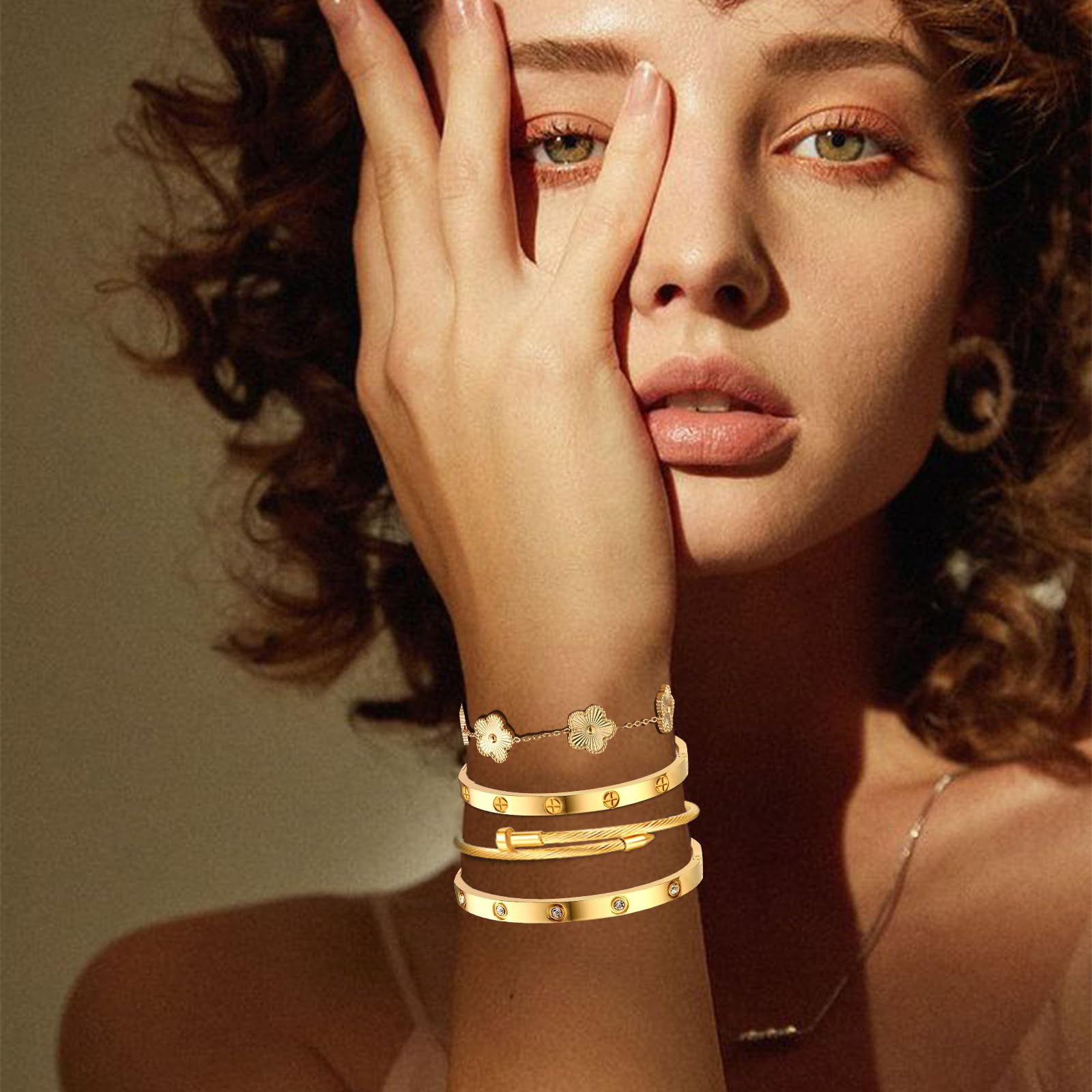 Ntutrxk Gold Bracelets for Women-4Sets,18K Gold Plated Bracelet,Stainless Steel Bangle Bracelets Non Tarnish, Gold Bracelet Set Trendy Jewelry,Christmas Valentines Birthday Gifts Mother's Day