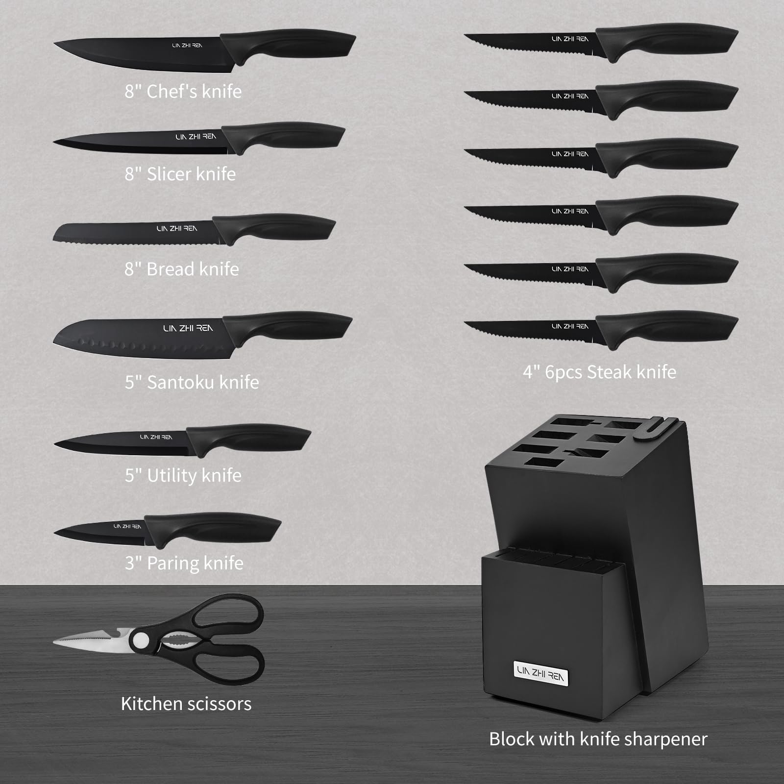 Knife Set, 15 Pieces Kitchen Knife Sets with Block, Built-in Sharpener, Dishwasher Safe, Ergonomic Handle, Knife Block Set for Chopping, Slicing, Dicing & Cutting, Black