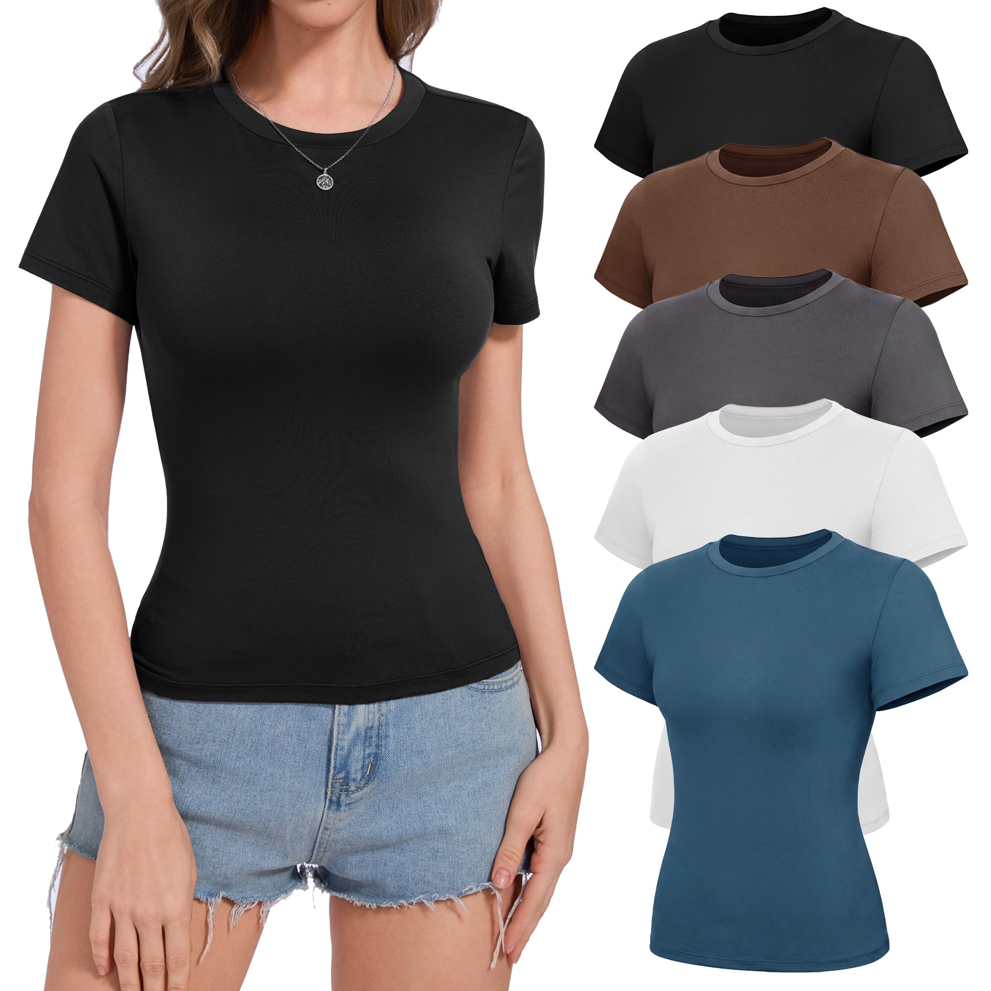 NexiEpoch 5 Pack T Shirts for Women - Crew Neck Short Sleeve Crop Tops Plain Casual Basic Tees Fitted Clothes Cute Y2K Outfit