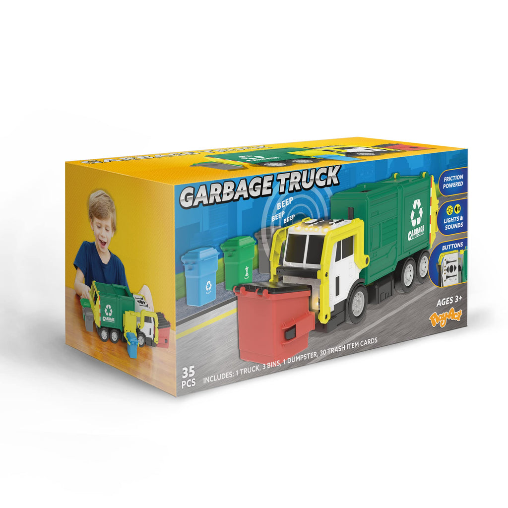 JOYIN Large Friction Powered Garbage Truck Toy Set, Includes Dumpster, Trash Bins, and Learning Cards for Kids, Boy Toys Birthday Gift for Boys Girls Kids Toddler Gift of Easter Basket Stuffers
