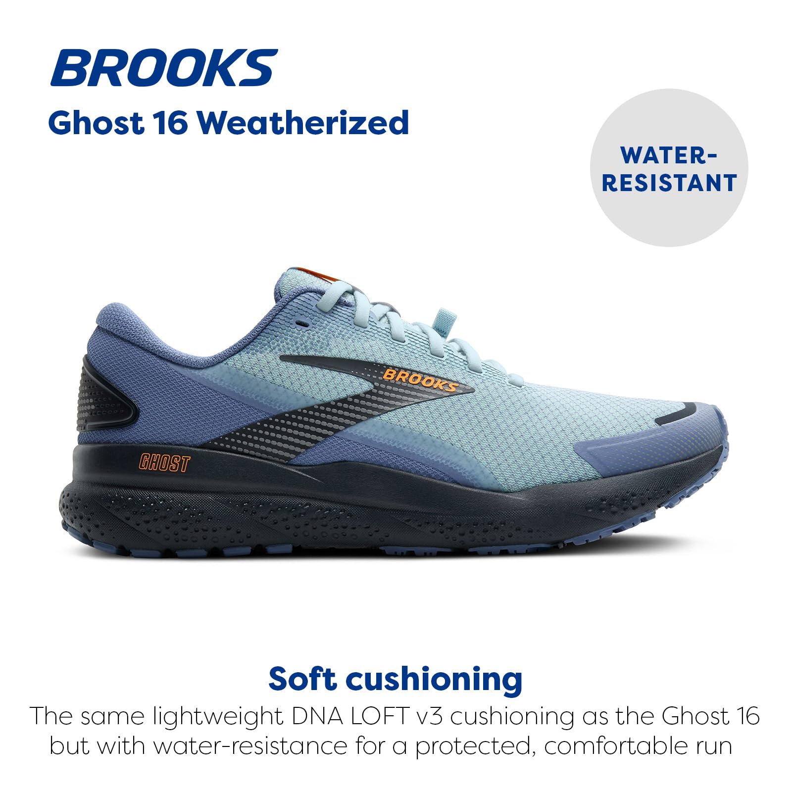 Brooks Men’s Ghost 16 Weatherized Neutral Running Shoe - Country Blue/Winter Sky/Ebony - 11 Medium