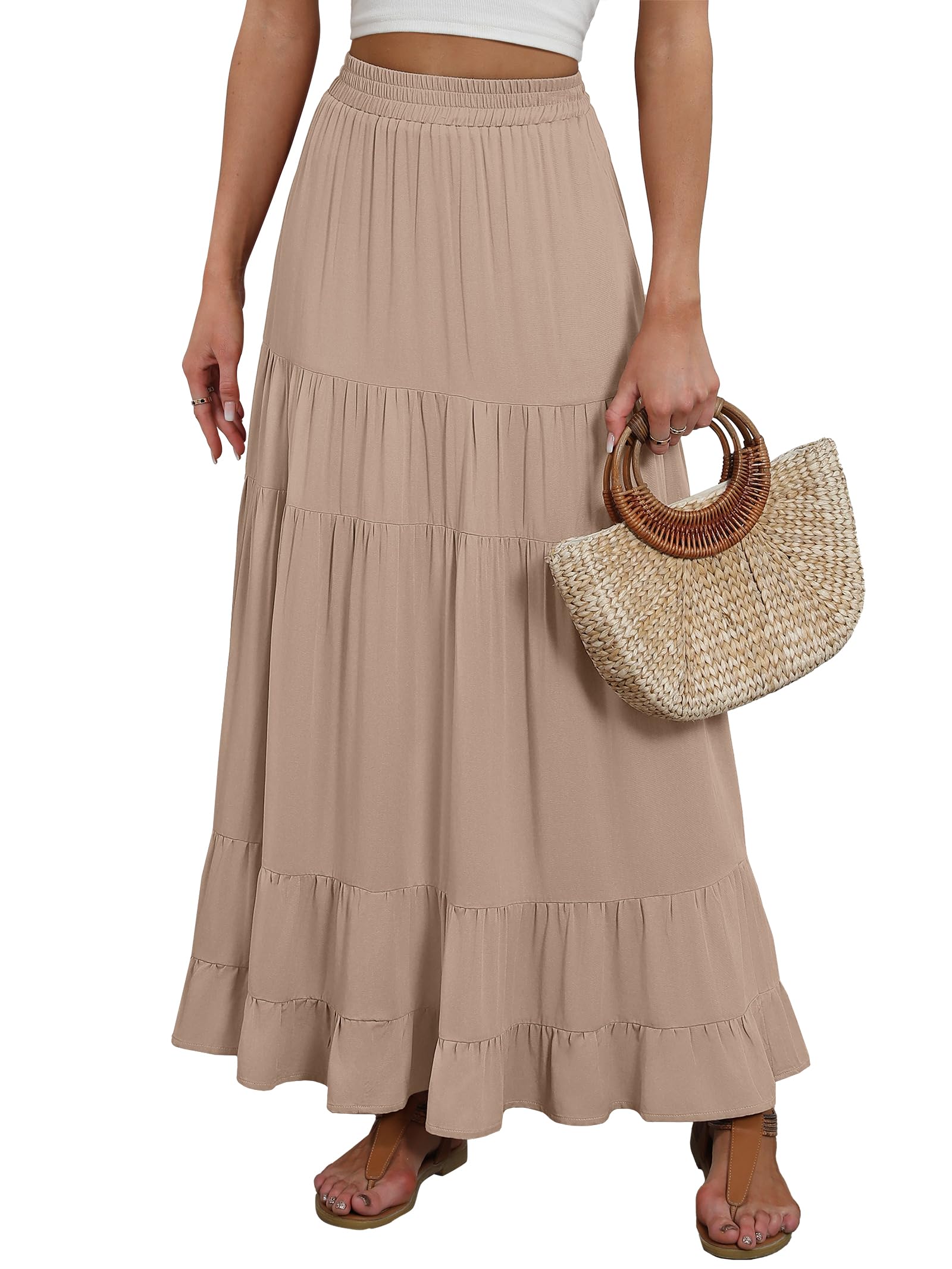 ANRABESS Womens Maxi Skirt Elastic High Waist Swing Tiered A-line Flowy Pleated Boho Beach Vacation Long Skirts Tan Brown Medium