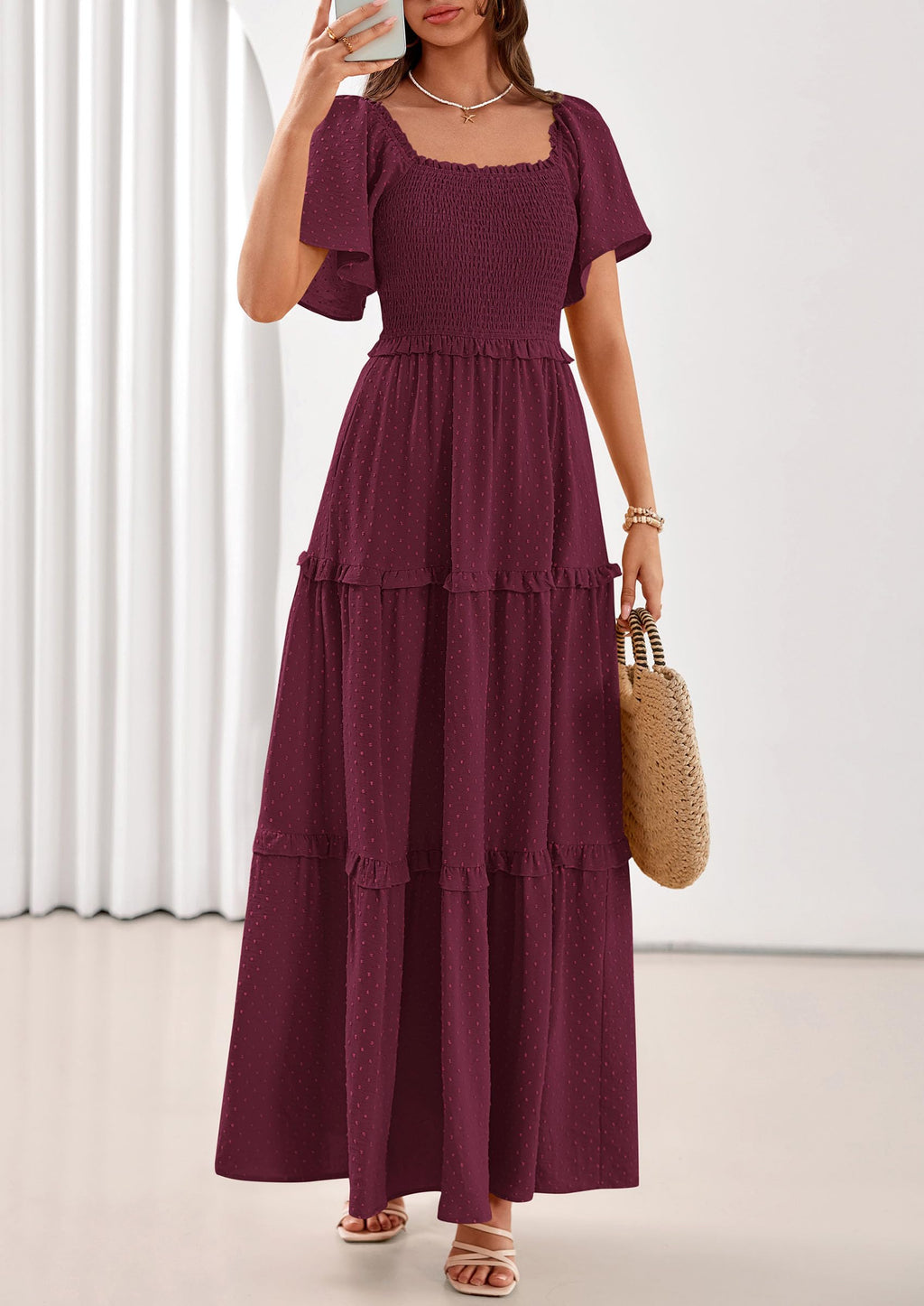 PRETTYGARDEN Summer Dresses for Women 2026 Boho Maxi Smocked Spring Wedding Guest Square Neck Short Sleeve Swiss Dot Dress (Wine Red,X-Large)