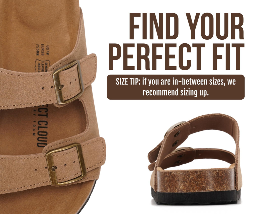 Project Cloud 100% Genuine Leather Flat Sandals For Women 2026 Cork Footbed Womens Sandals with Memory Foam and arch support Vacation Essentials Slides for Women Footwear (Venita, Chestnut, 8)