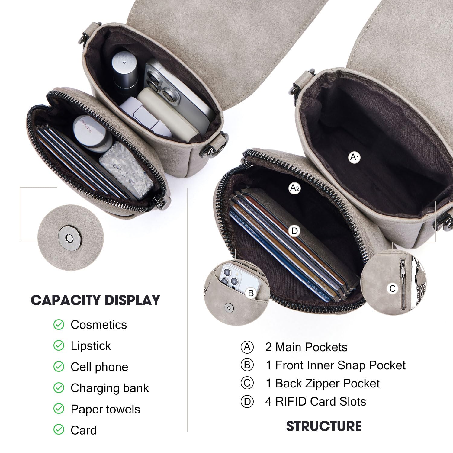 POIUGOYA Small Crossbody Bags for Women Trendy,Leather Triple Compartment Cell Phone Crossbody Wallet Purses with Card Slots