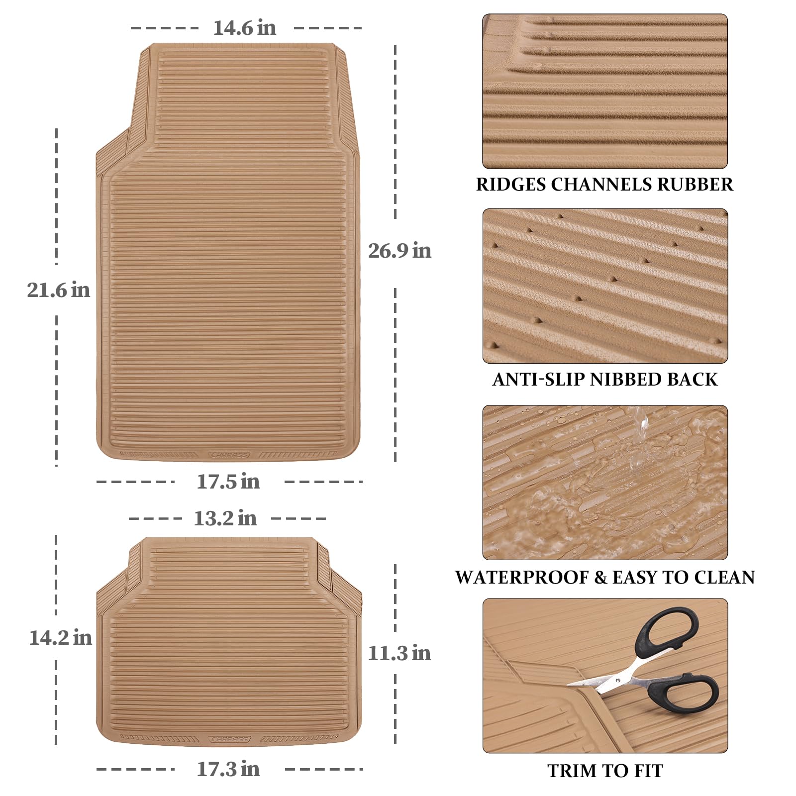 CAR PASS Rubber Floor Mats - All Weather, Full Set 4-Piece, Waterproof Automotive Mats Trim to Fit Most Cars, Sedans, SUVs, Vans - Heavy Duty Anti-Slip Easy Clean, All Beige