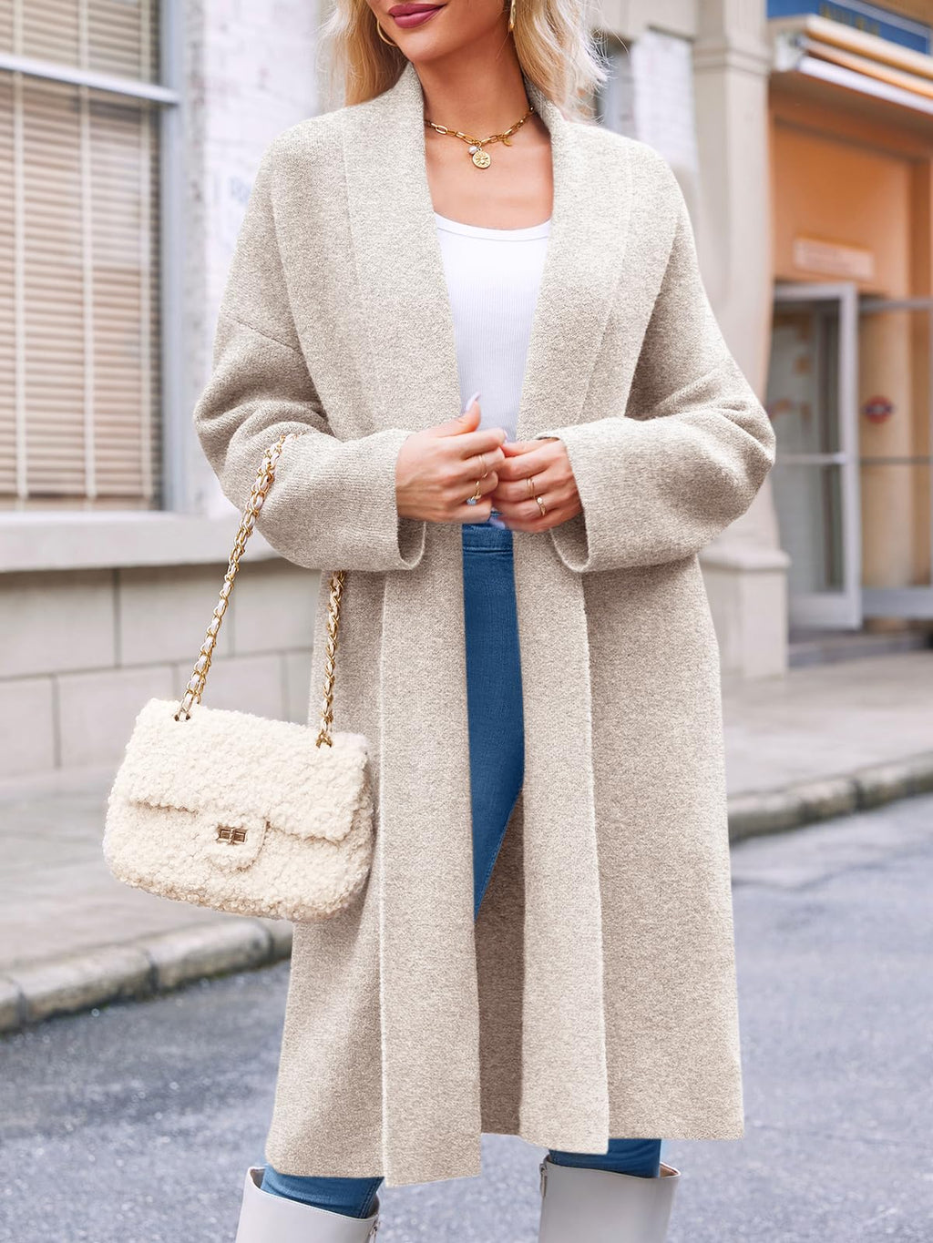 Saodimallsu Womens Long Cardigan Sweaters Chunky Open Front Oversized Slouchy Knit Fall Trendy Coatigan Jackets Apricot