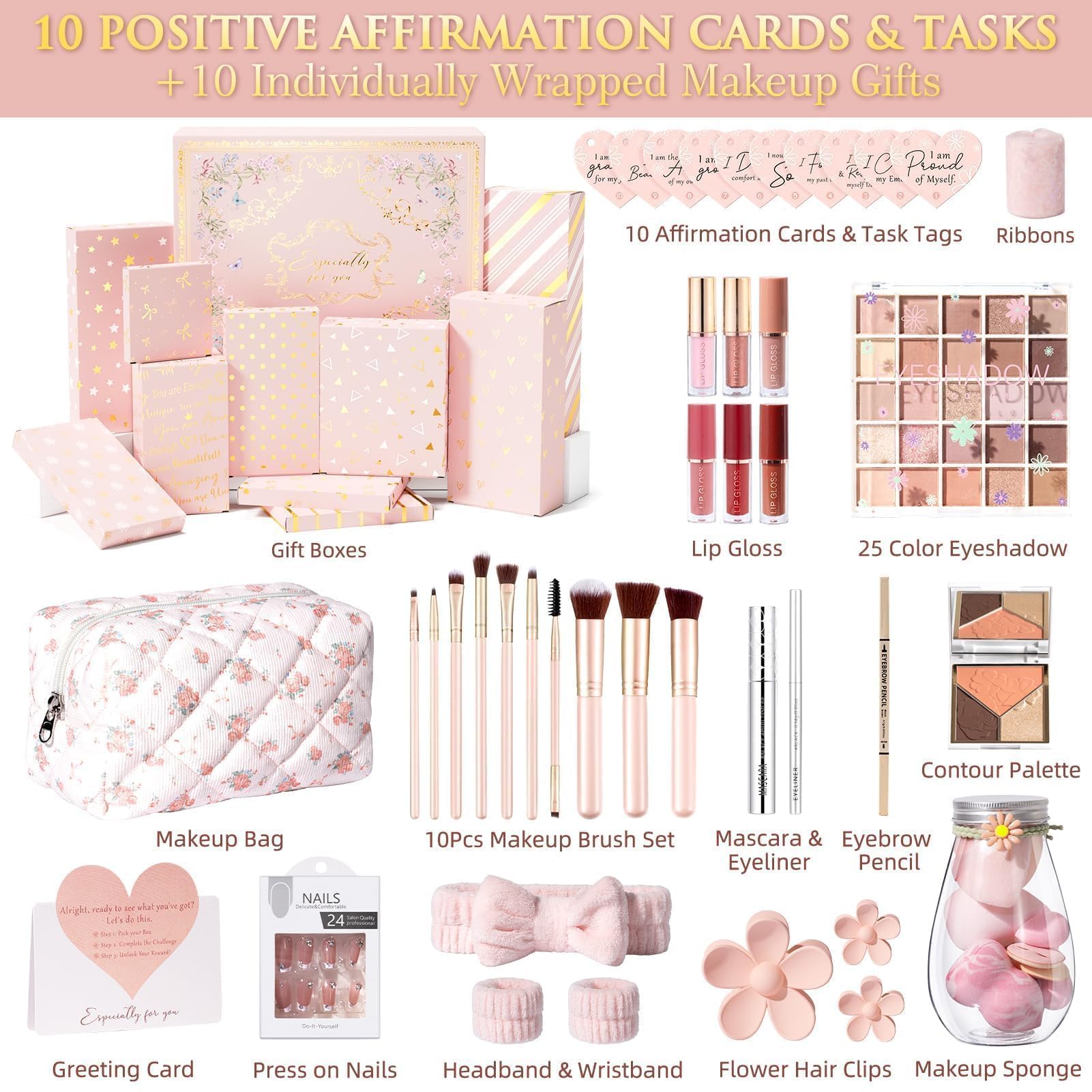 Teen Girl Gifts Trendy Stuff, 10 Positive Affirmation Cards & Empowering Challenges to Unlock 10 Wrapped Makeup Gift Set Motivational Birthday Valentines Day Gift Basket for Tween & Teenage Girls