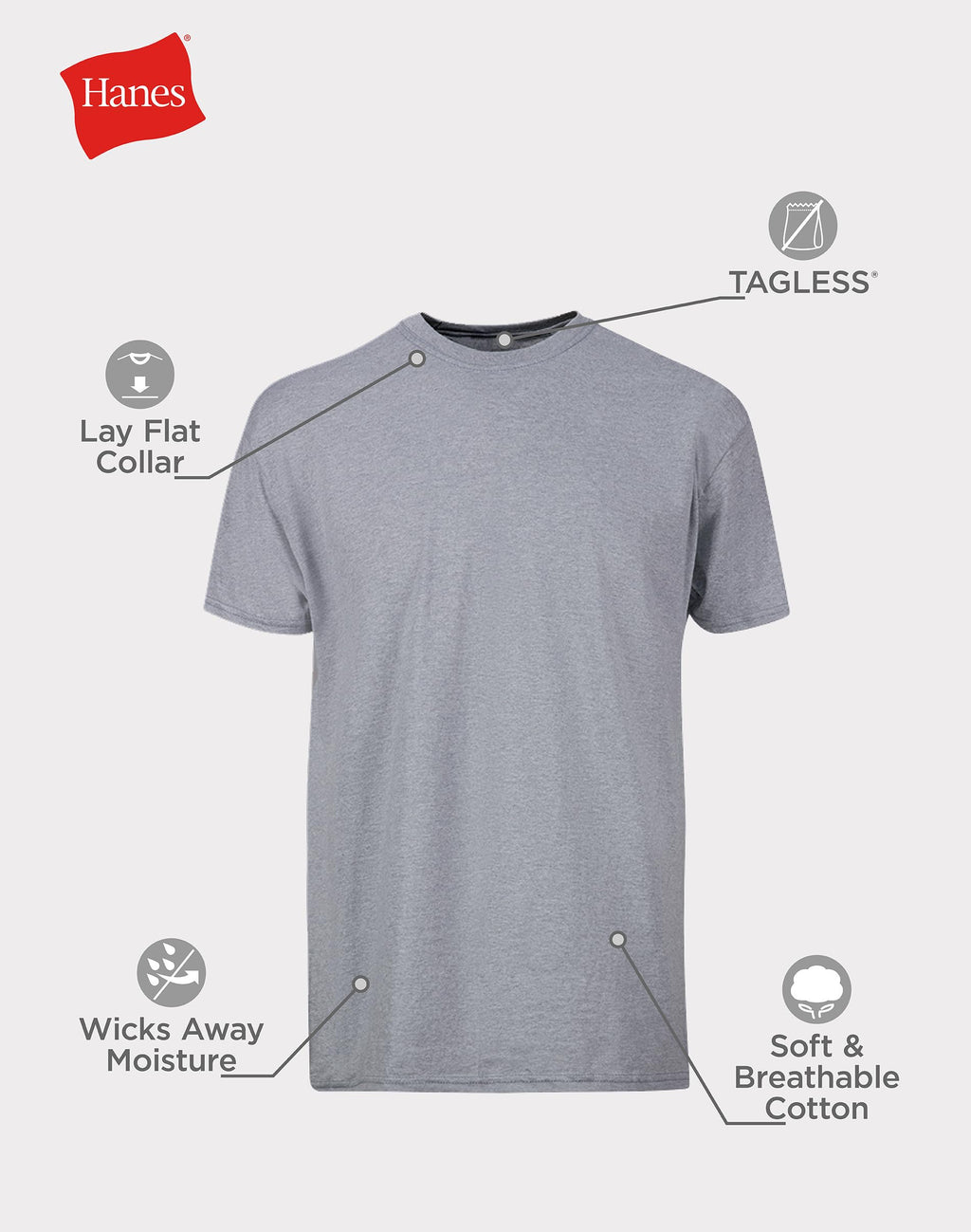 Hanes Mens Cotton, Moisture-wicking Crew Tee Undershirts, Multi-packs, Black/Grey/Blue Assorted - 6 Pack, Large US