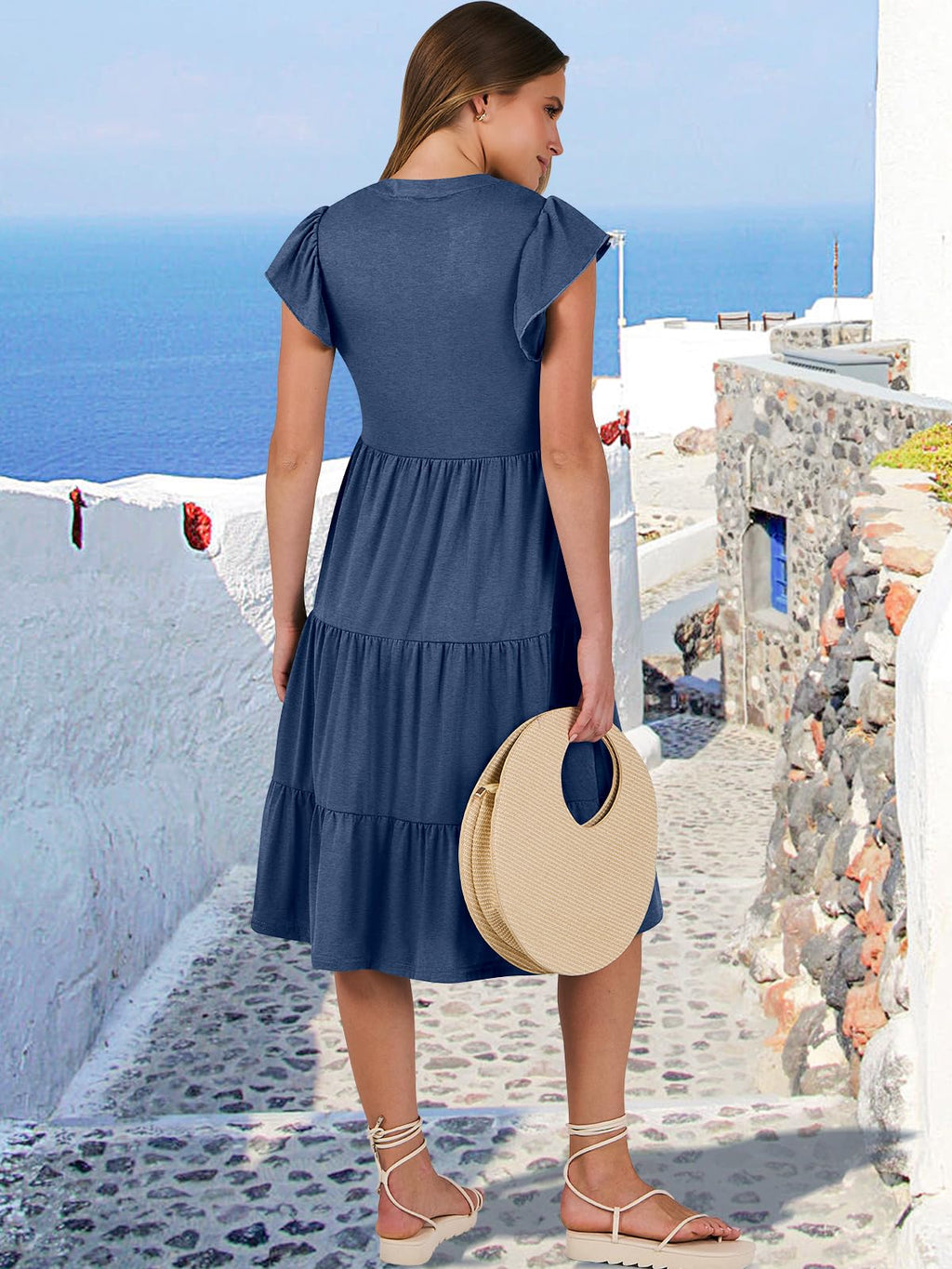 ANRABESS Womens Summer Dress Ruffle Sleeve V Neck Midi Dresses Fashion Casual Fit Flowy Tiered Boho Beach Vacation Sundress Blue-S