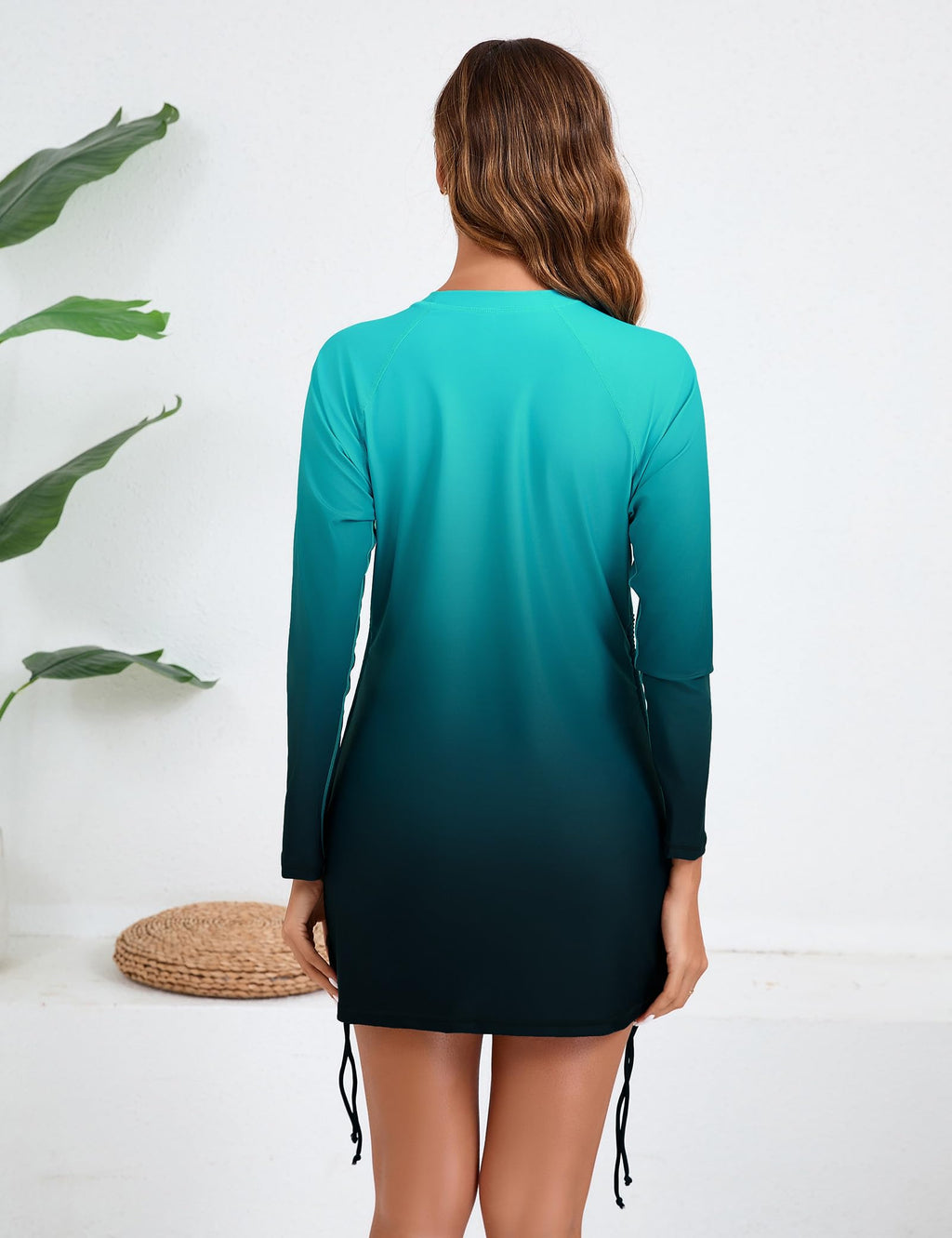 Halcurt Women's Long Sleeve Rash Guard Swim Shirt with Tie Drawstring UPF 50+ Sun Protection Swimsuit Top Ombre Green M