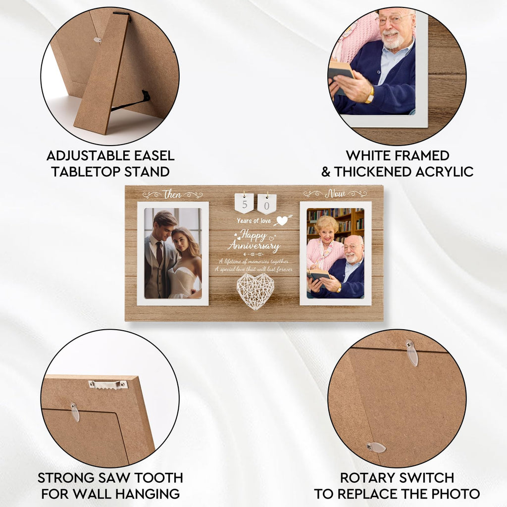 Calibron Then & Now Anniversary Wedding Gifts for Couples, Anniversary Birthday Gifts for Hers/Him, 1-99 Years Double Picture Frame, Anniversaries for Parents Women Men Photo Frame Holds 2pcs 4x6 Pictures