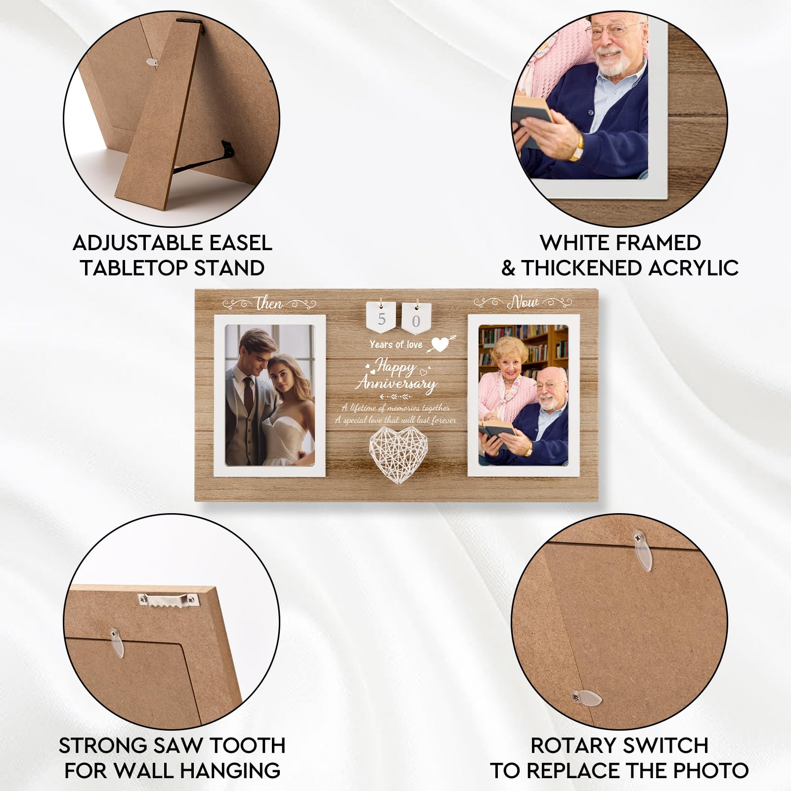 Calibron Then & Now Anniversary Wedding Gifts for Couples, Anniversary Birthday Gifts for Hers/Him, 1-99 Years Double Picture Frame, Anniversaries for Parents Women Men Photo Frame Holds 2pcs 4x6 Pictures