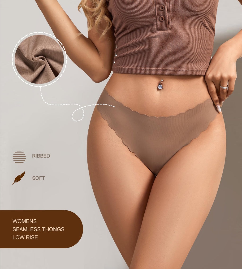 SHARICCA Womens Seamless Thongs No Show Underwear Soft Ribbed Invisible Panties Wave Edge Multi Pack,7P01,M