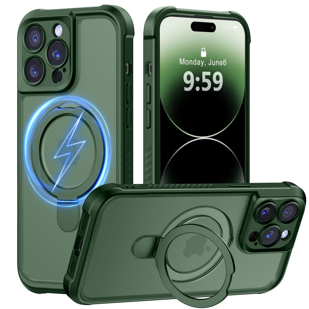 MOCCA Design for iPhone 14 Pro Case with Magnetic Invisible Stand [Full Camera Protection] [Compatible with Magsafe] Military Drop Shockproof Translucent Matte Phone Case Cover 6.1",Dark Green