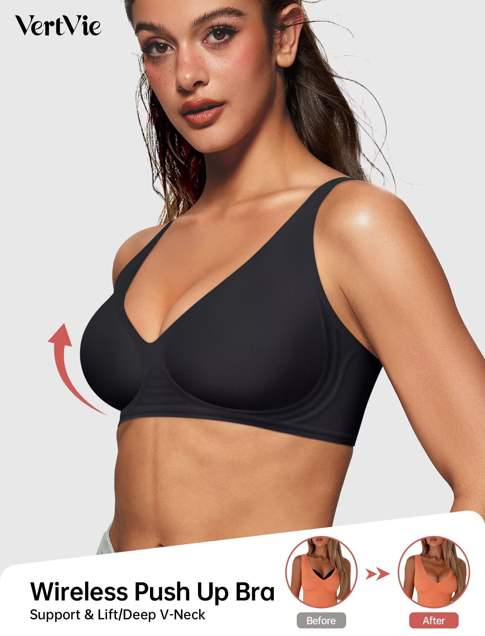 Vertvie Jelly Wireless Bras for Women Push Up Plunge Seamless T-Shirt Bras No Underwire Supportive Full Coverage Bralettes(Black,Medium)