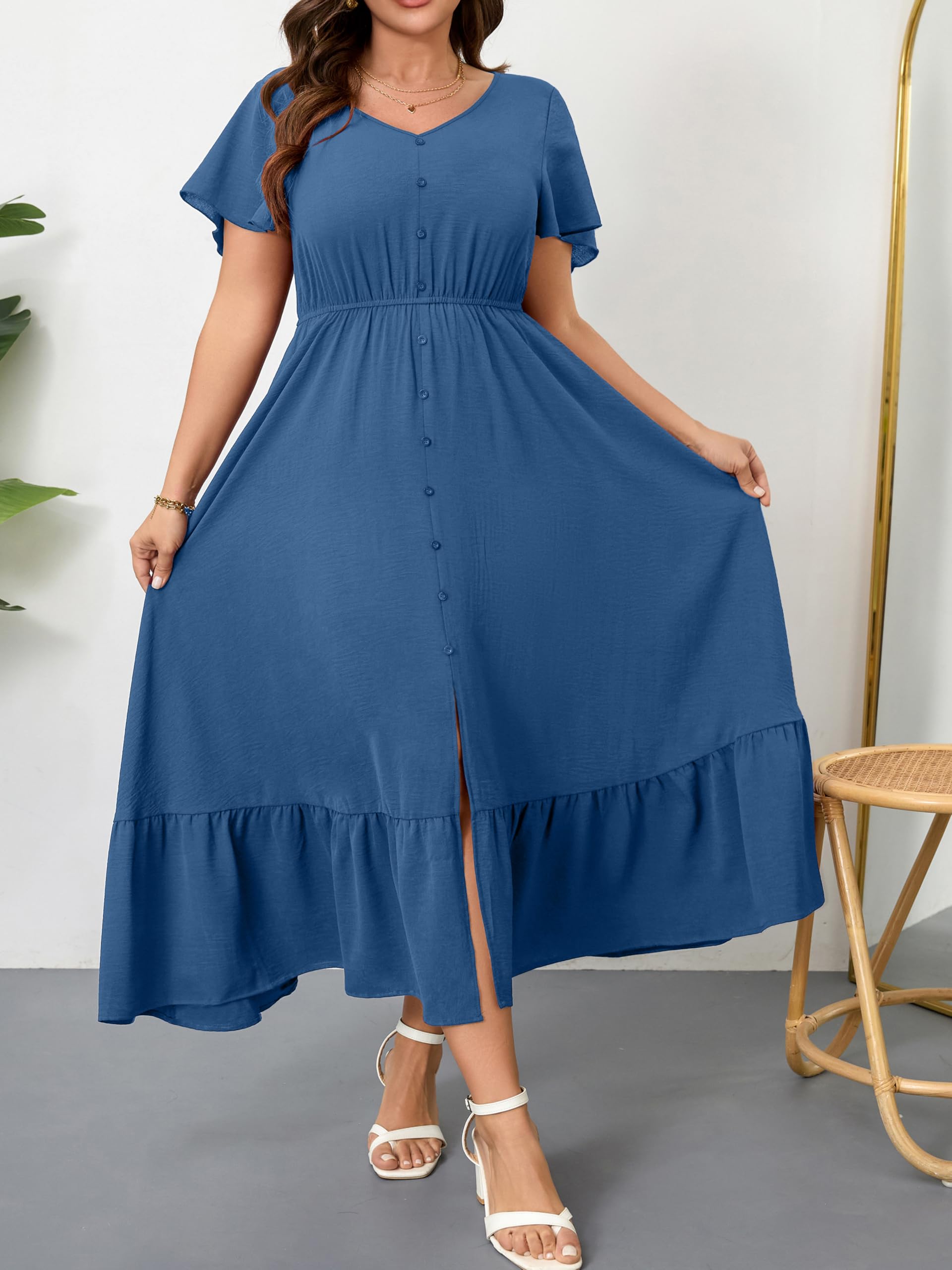 RWJ Women Plus Size Maxi Dress V Neck Short Sleeve Button Trim Split Flowy Tiered Casual Long Dresses 2026 Dusty Blue X-Large
