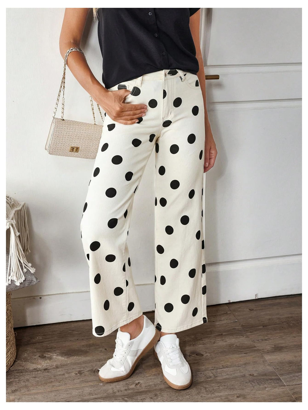 WDIRARA Women's Polka Dots Jeans Vintage Stretchy Straight Leg Denim Pants Beige 27