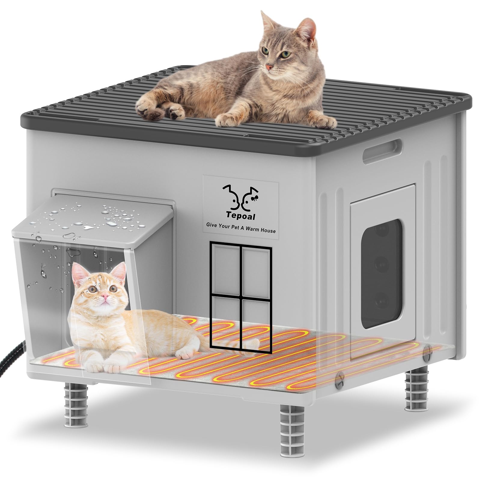 Tepoal 17.7"x17"x17.5" Plastic Heated Cat House for Outside Winter, Weatherproof Outside Cats Shelter with Safety Escape Doors and Heating Pads, Elevated Feral Cat House for Wild and Stray Cats (Grey)