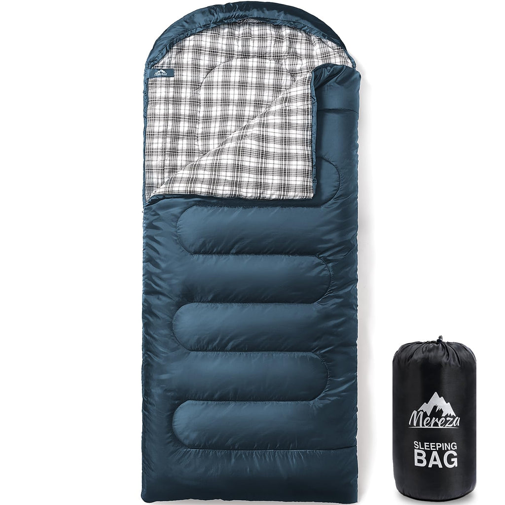MEREZA Flannel Sleeping Bag for Adults XL, Large Wide Sleeping Bags for Camping Mens Warm Cotton Sleeping Bag 4 Season Warm & Cool Weather with Compression Sack (Navy Blue)