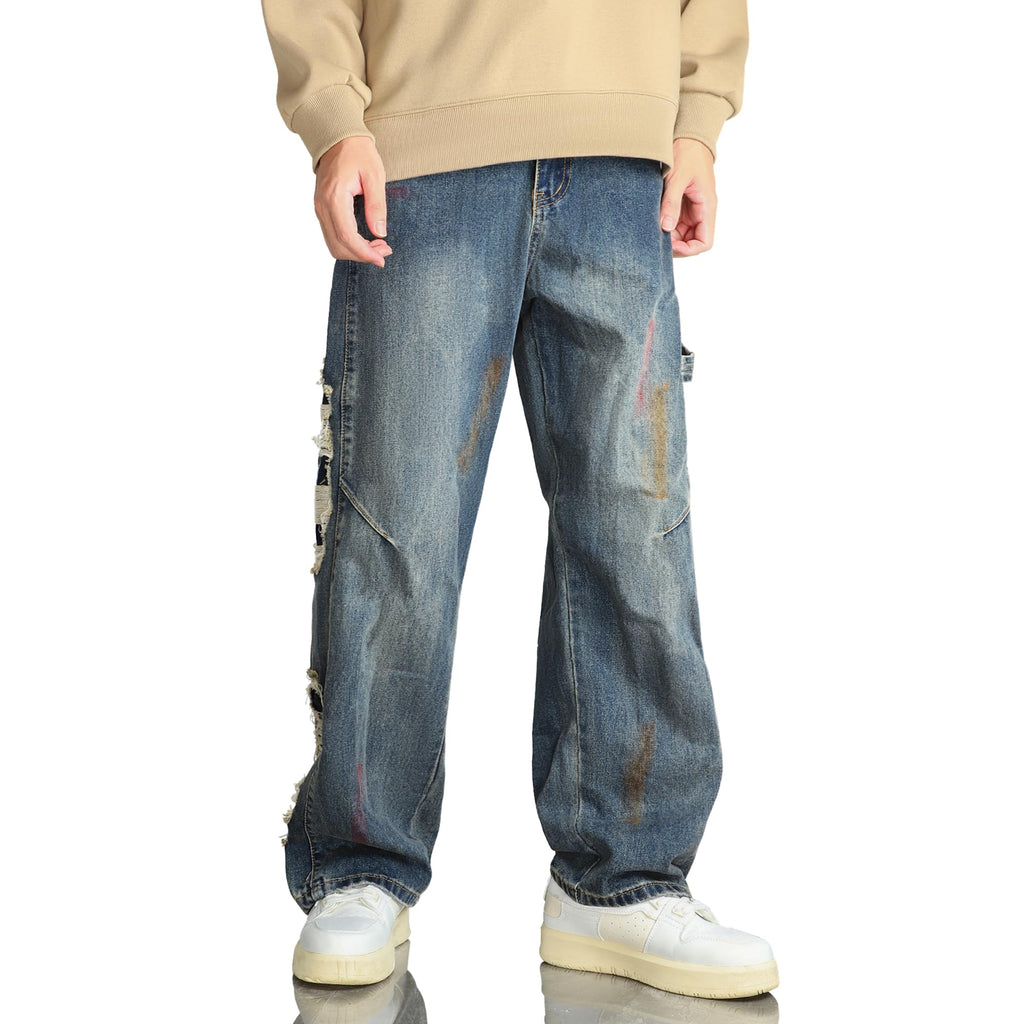 KODEIPLAY Barrel Baggy Jeans for Men y2k Mens Jeans Relaxed Fit Hip Hop High Waisted Long Trousers Loose Wide Leg Denim Pants