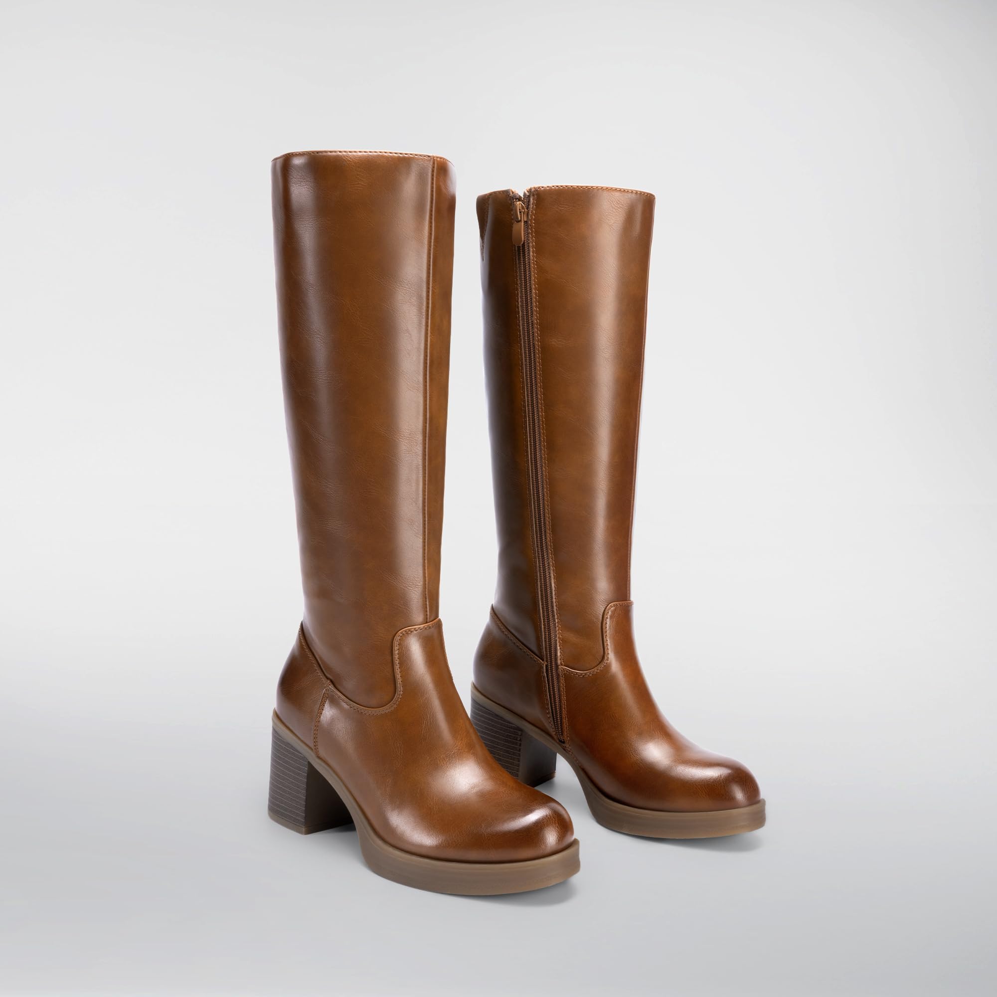 DREAM PAIRS Women's Knee High Boots Chunky Platform Heel Round Toe Boots for Women Side Zipper Stylish Comfortable Tall Boots,Size 9,Brown,DWUMKB2516