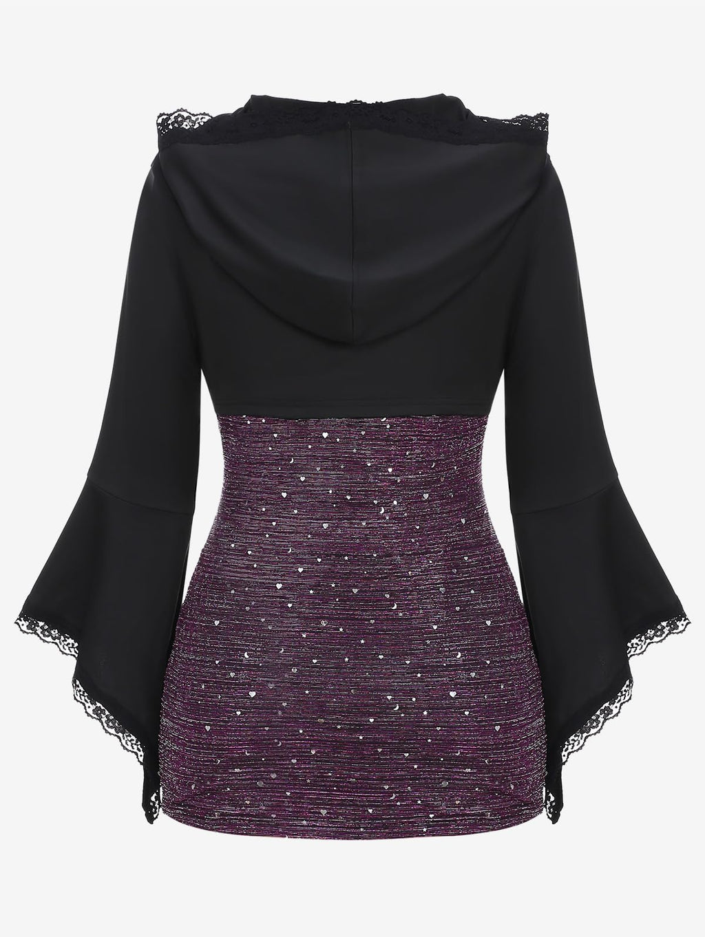 ROSE GAL Women Plus Size Gothic Punk Lace Panel Bell Sleeves Chains Hooded Strug and Textured Tank Top Set Moon Stars Flare Sleeves Gothic T-Shirt(Black_3/2X)