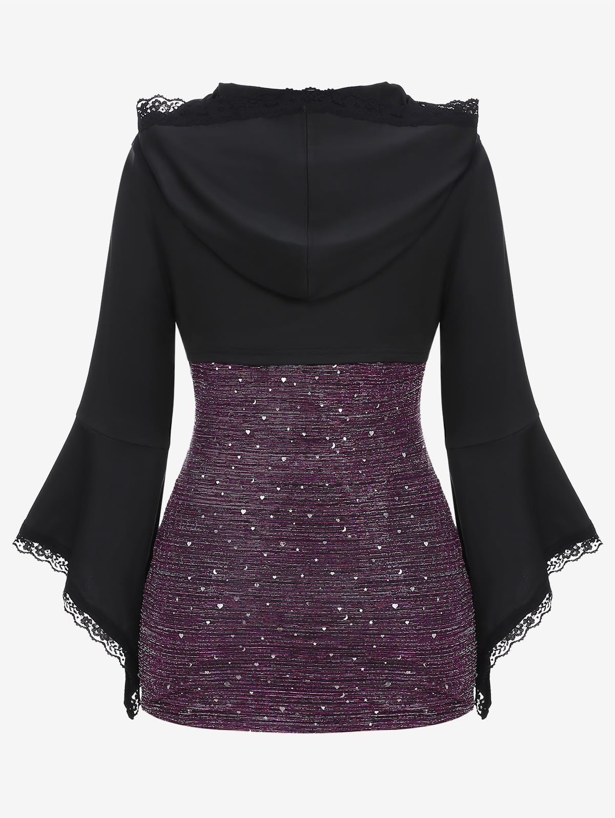 ROSE GAL Women Plus Size Gothic Punk Lace Panel Bell Sleeves Chains Hooded Strug and Textured Tank Top Set Moon Stars Flare Sleeves Gothic T-Shirt(Black_3/2X)