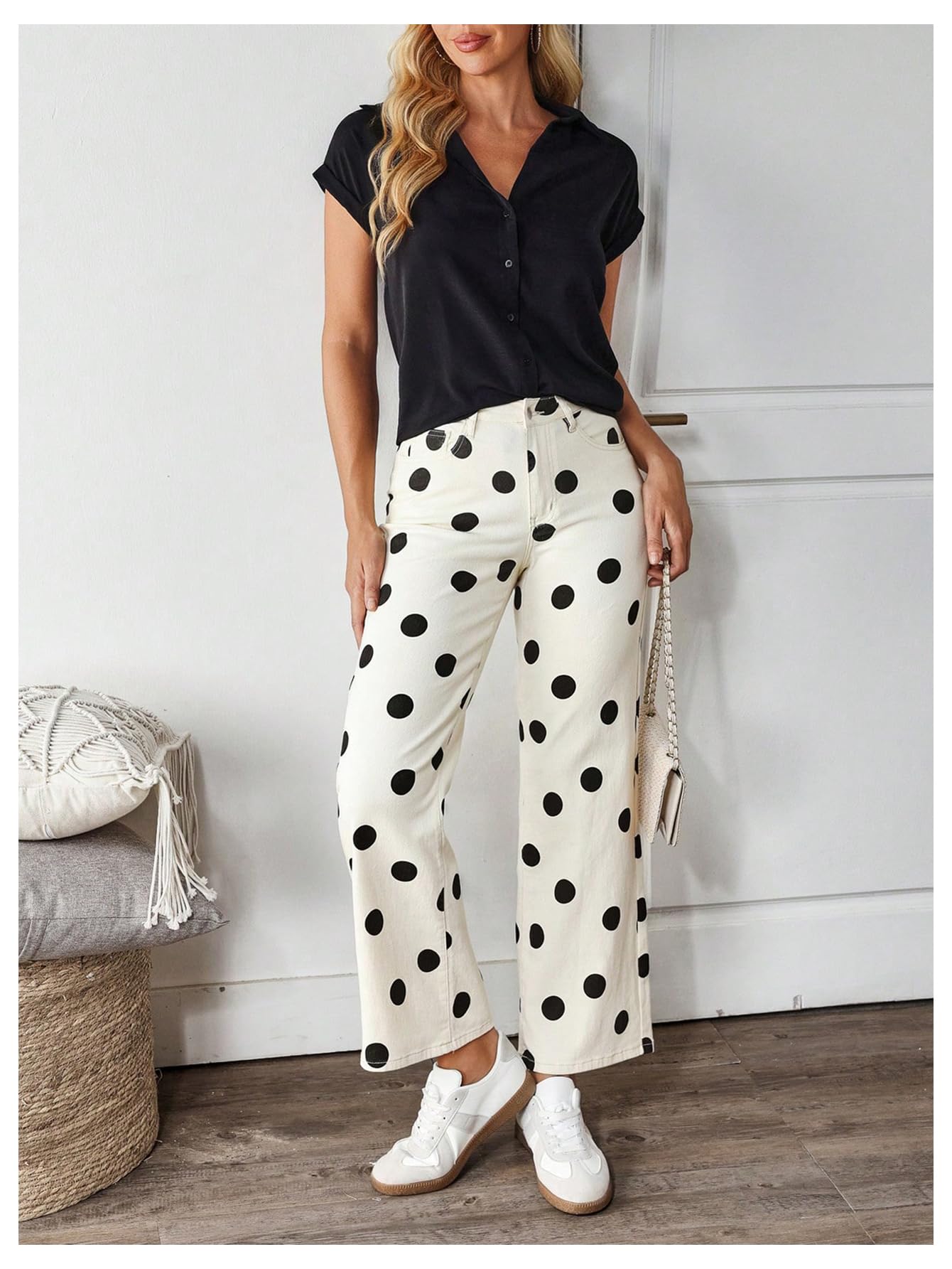 WDIRARA Women's Polka Dots Jeans Vintage Stretchy Straight Leg Denim Pants Beige 27