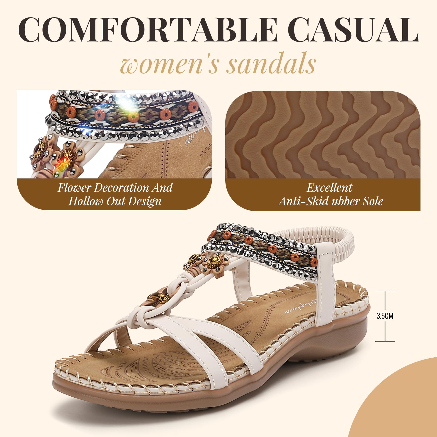 Littleplum Sandals for Women Arch Support Handmade Sandals Women's Summer Beach Sandals Comfort Walking Shoes Bohemian Flip Flops Womens Sandals Cream White Size 8