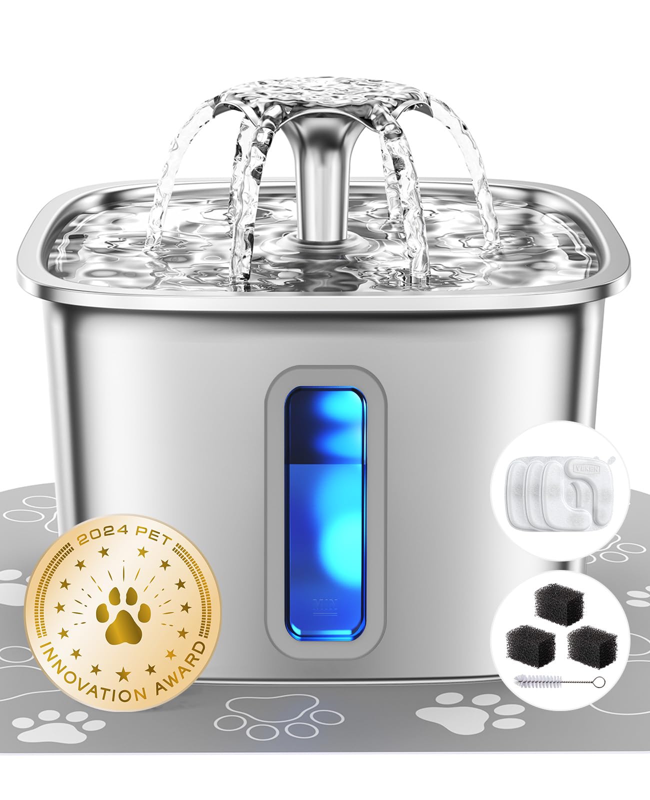 Veken Innovation Award Winner Stainless Steel Cat Water Fountain, 108oz/3.2L Automatic Pet Fountain Dog Water Dispenser with 3 Replacement Filters & Silicone Mat for Cats, Dogs, Multiple Pets (Silver)