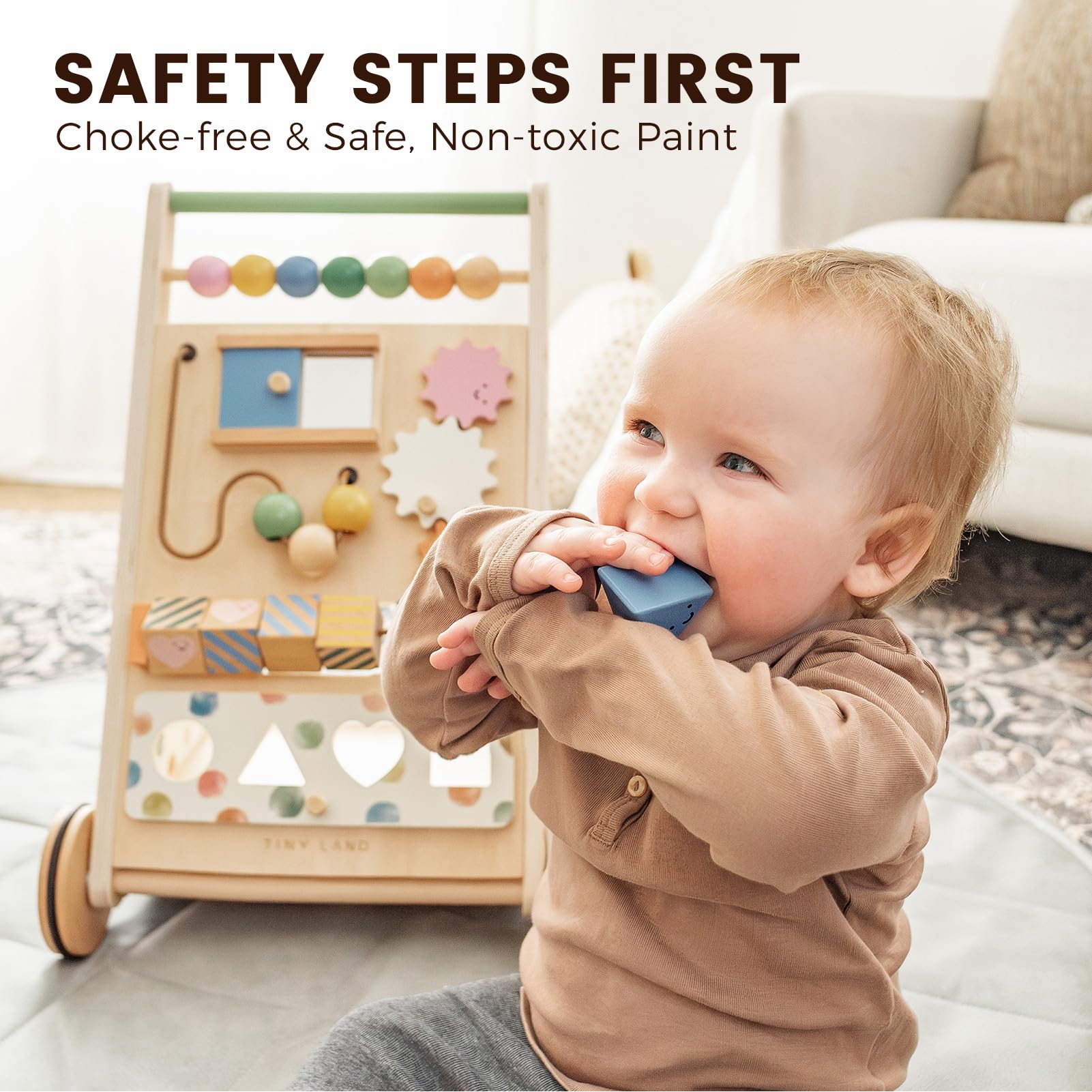 Tiny Land Wooden Baby Walker, Adjustable Speed Baby Push Walker for Boys and Girls, Montessori Activity Center Push Toy for Kids' Development, Ideal Christmas Gift for Toddlers (Morandi)