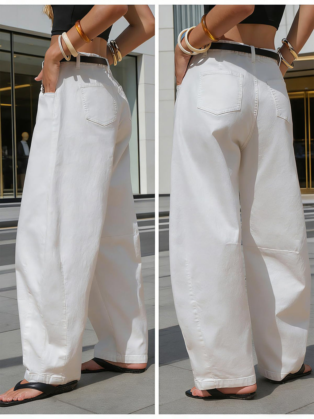 EXLURA Womens Barrel Jeans Wide Leg Y2K Boyfriend Denim Pants Hip Hop Vintage Baggy Jeans Cotton Mid-Low Elastic Waist Pants White