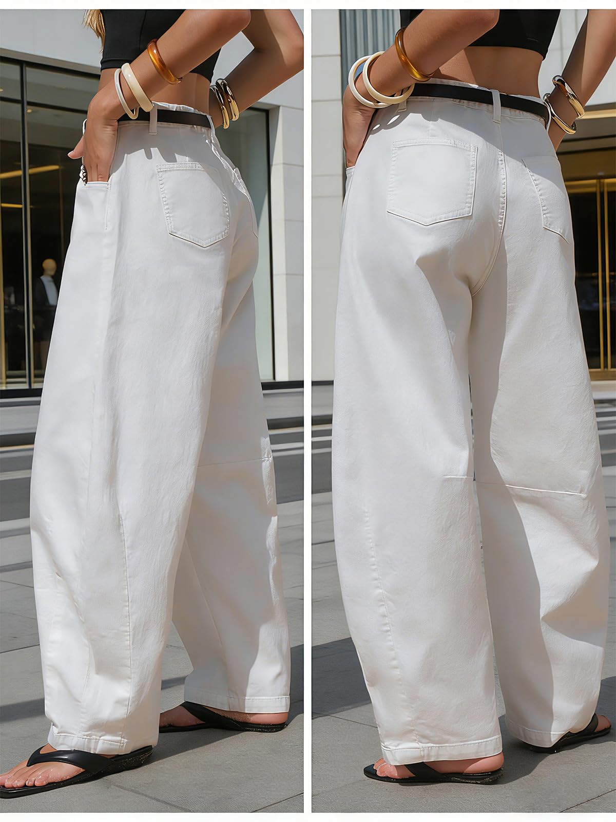 EXLURA Womens Barrel Jeans Wide Leg Y2K Boyfriend Denim Pants Hip Hop Vintage Baggy Jeans Cotton Mid-Low Elastic Waist Pants White
