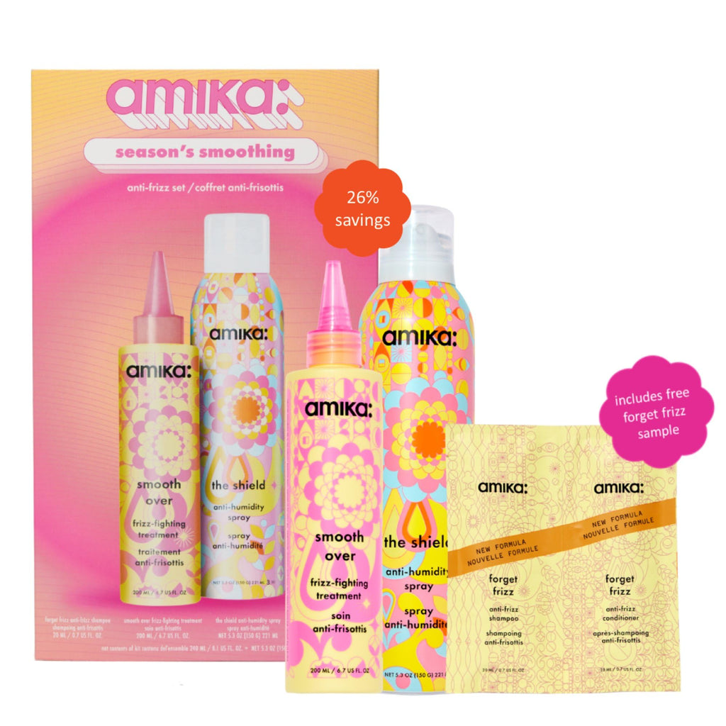 amika season's smoothing anti-frizz set | exclusive limited edition set with humidity protection for smooth, frizz-free hair