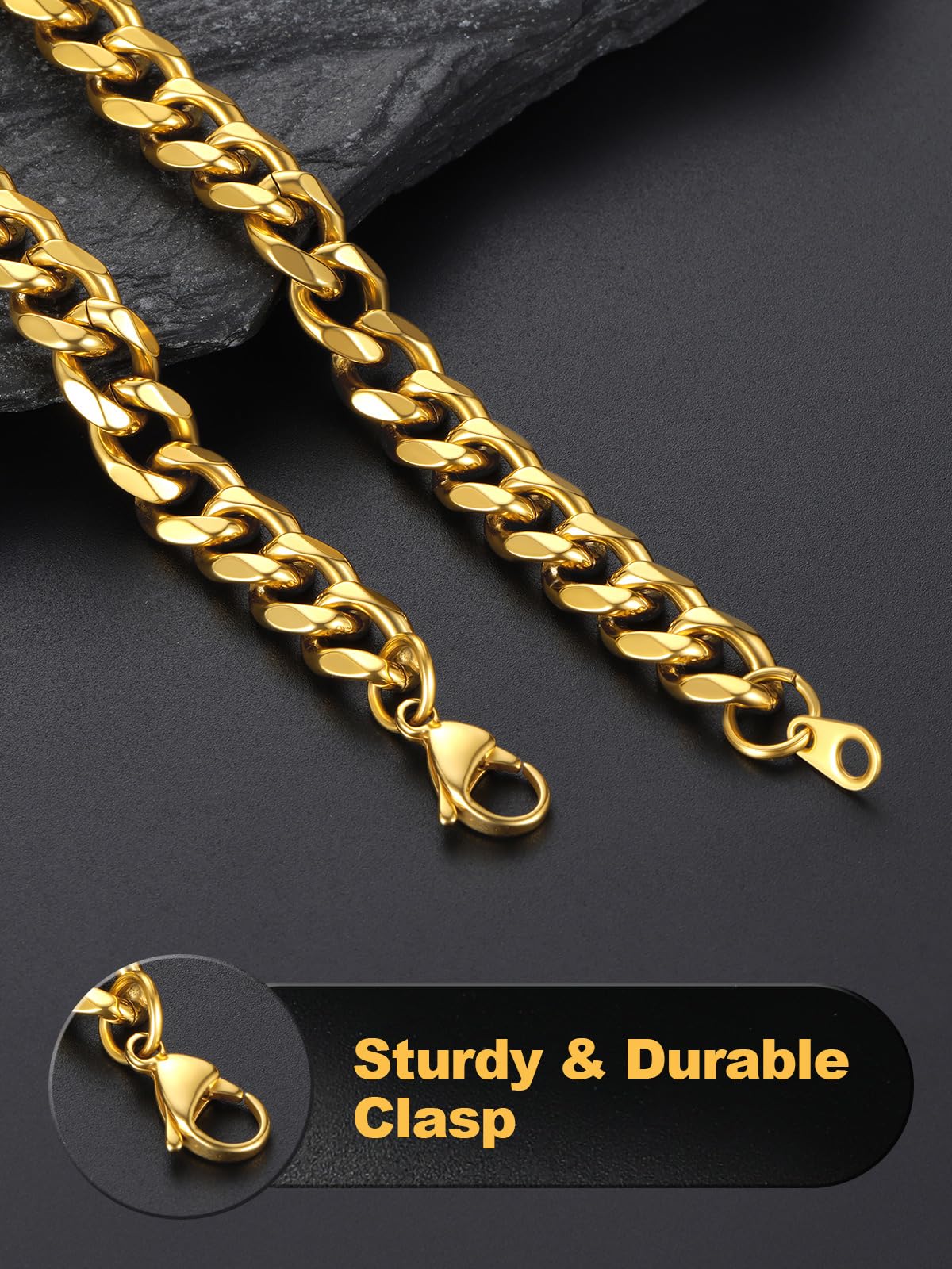 U7 mens, womens,boys, girls Curb Chain Necklace 18K Gold Plated Stainless Steel 9mm Wide Chunky Hip Hop Jewelry Strong Cuban Link Chain 18