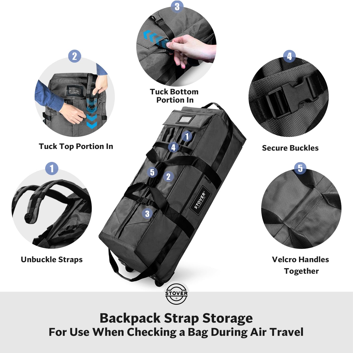 STOVER 45/80/100L Rolling Duffel Bag with Wheels, X-Large Durable Travel Duffle + Toiletry Bag, Heavy Duty, Packable with Shoulder Straps- Use as Luggage or Backpack, Men/Women (Black)