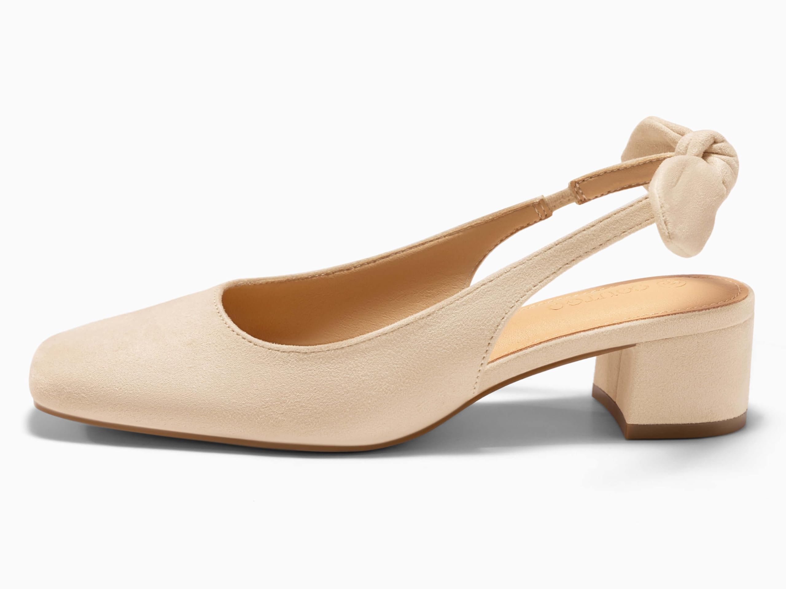 Coutgo Womens Chunky Low Heels Bow Slingback Pumps Closed Square Toe Wedding Party Dress Shoes, Apricot, Size 6