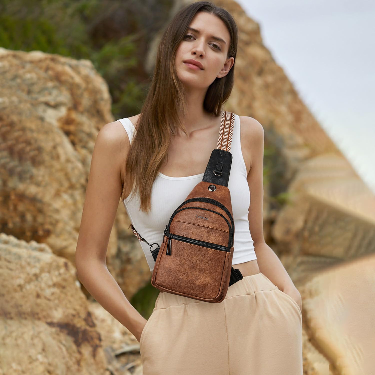 LATMAP 7L Sling Bag For Women Faux Leather Anti Theft Small Casual Daypack Backpack Fanny Pack Crossbody Chest Bags Purse Waterproof