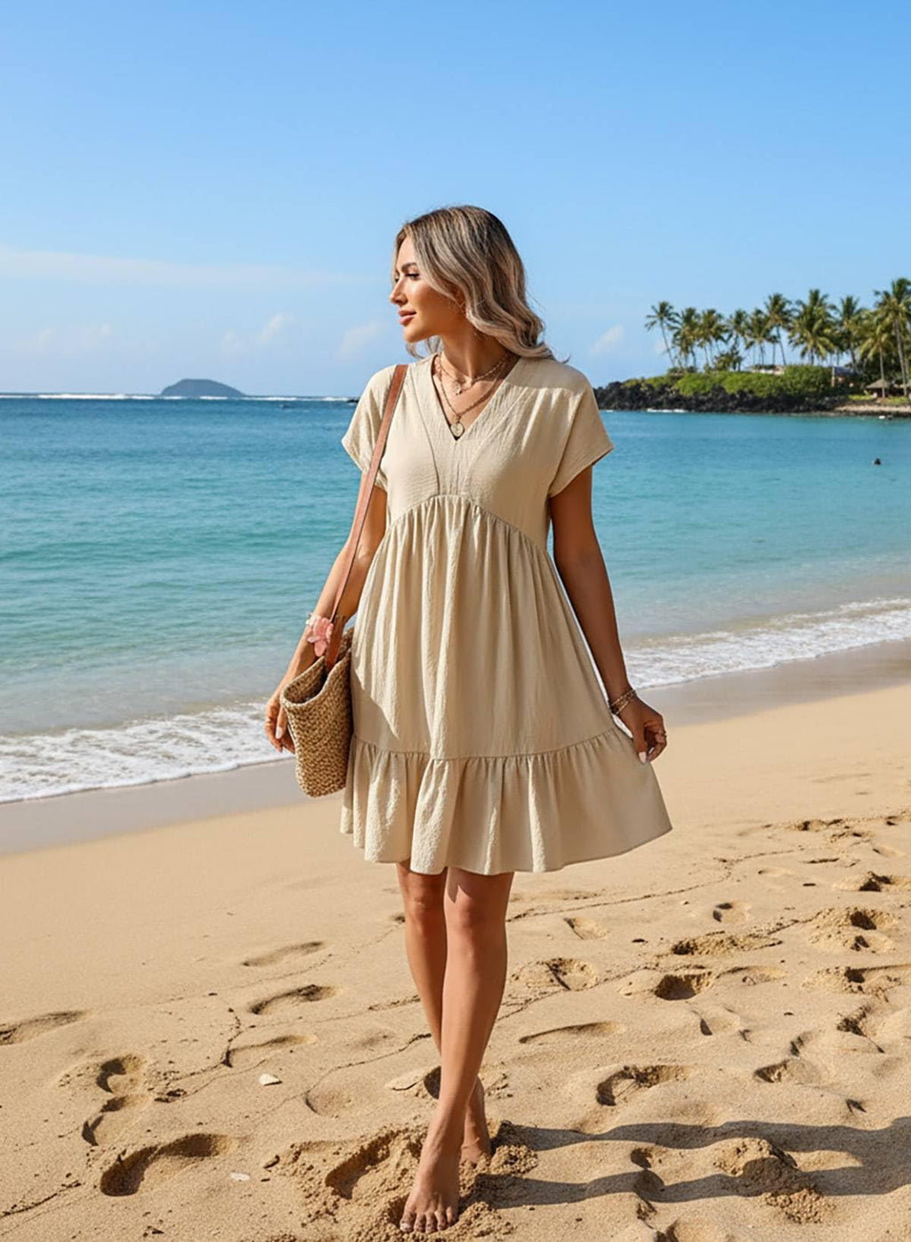 Acelitt Women's Summer Dresses 2026 Beach Casual Deep V Neck Loose Sundress Short Sleeve Mini Dress with Pockets Beach Outfits Blue Medium