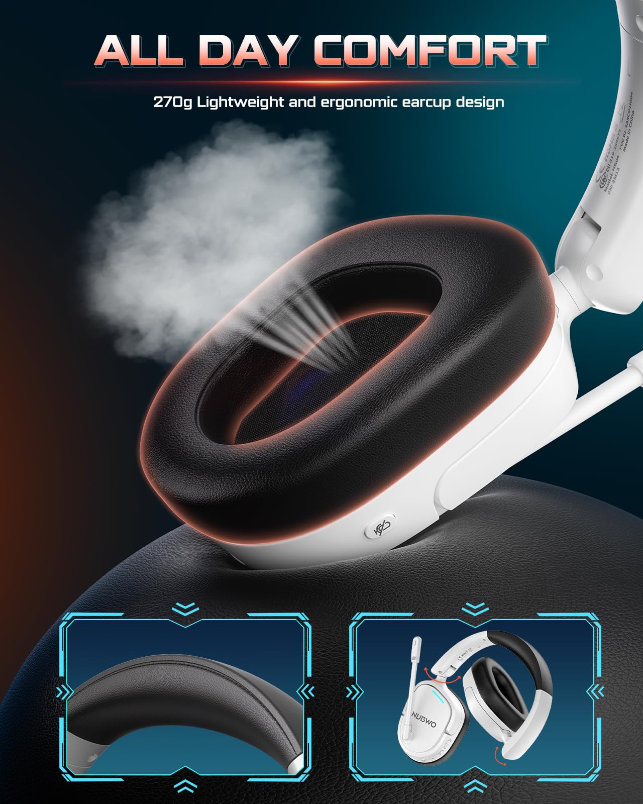 NUBWO Gaming Headset Wireless for PS5, PC, PS4 - Dual 2.4G & Bluetooth Simultaneous Headphones, EQ Sound Modes, Noise-Canceling Mic, 50-Hour Battery, Comfortable Foldable Design, 270g Lightweight