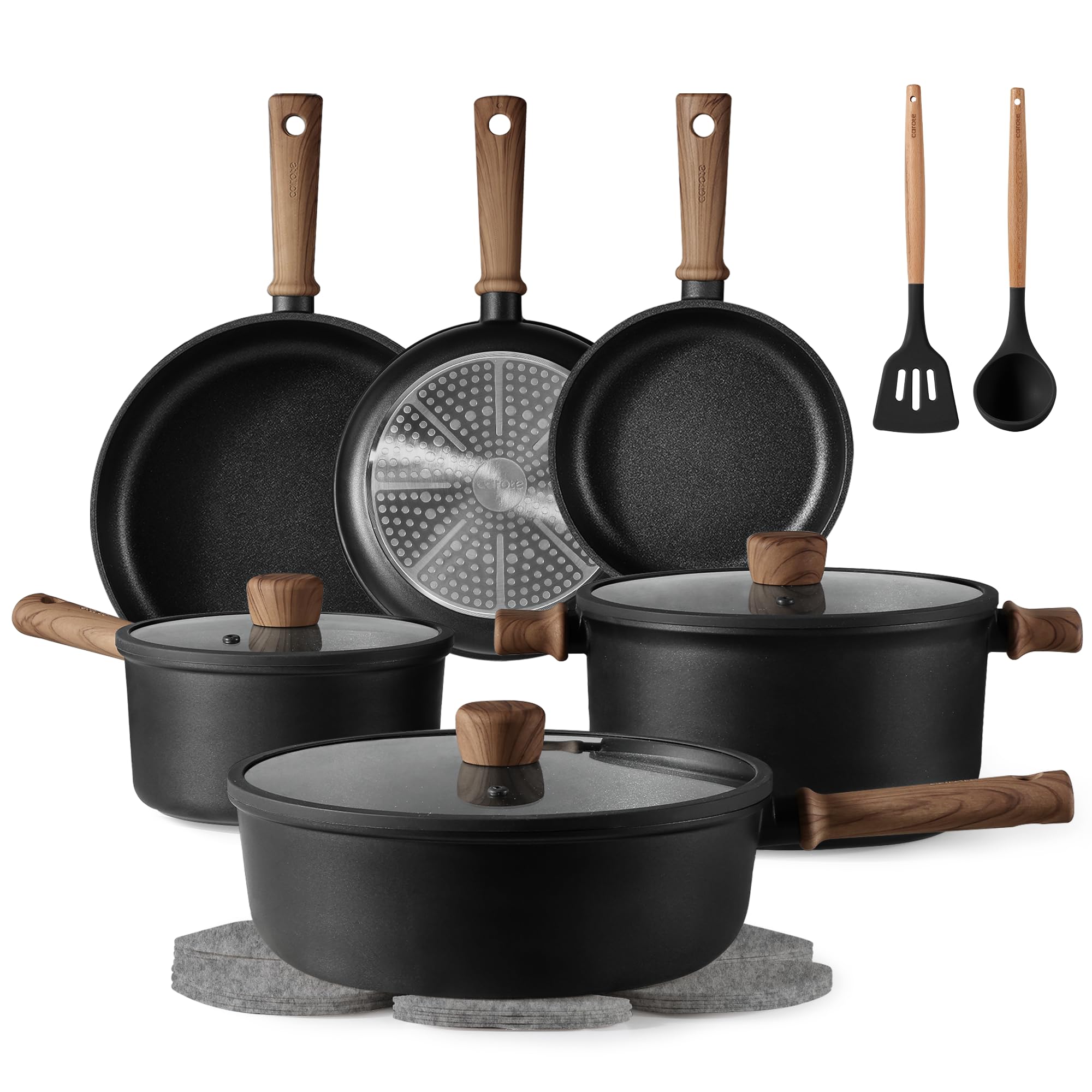 CAROTE Nonstick Pots and Pans, Induction Titanium Cookware Set 16pcs Kitchen Cooking Sets, Pot and Pan Non Stick w/Frying pan (PFOS, PFOA Free)