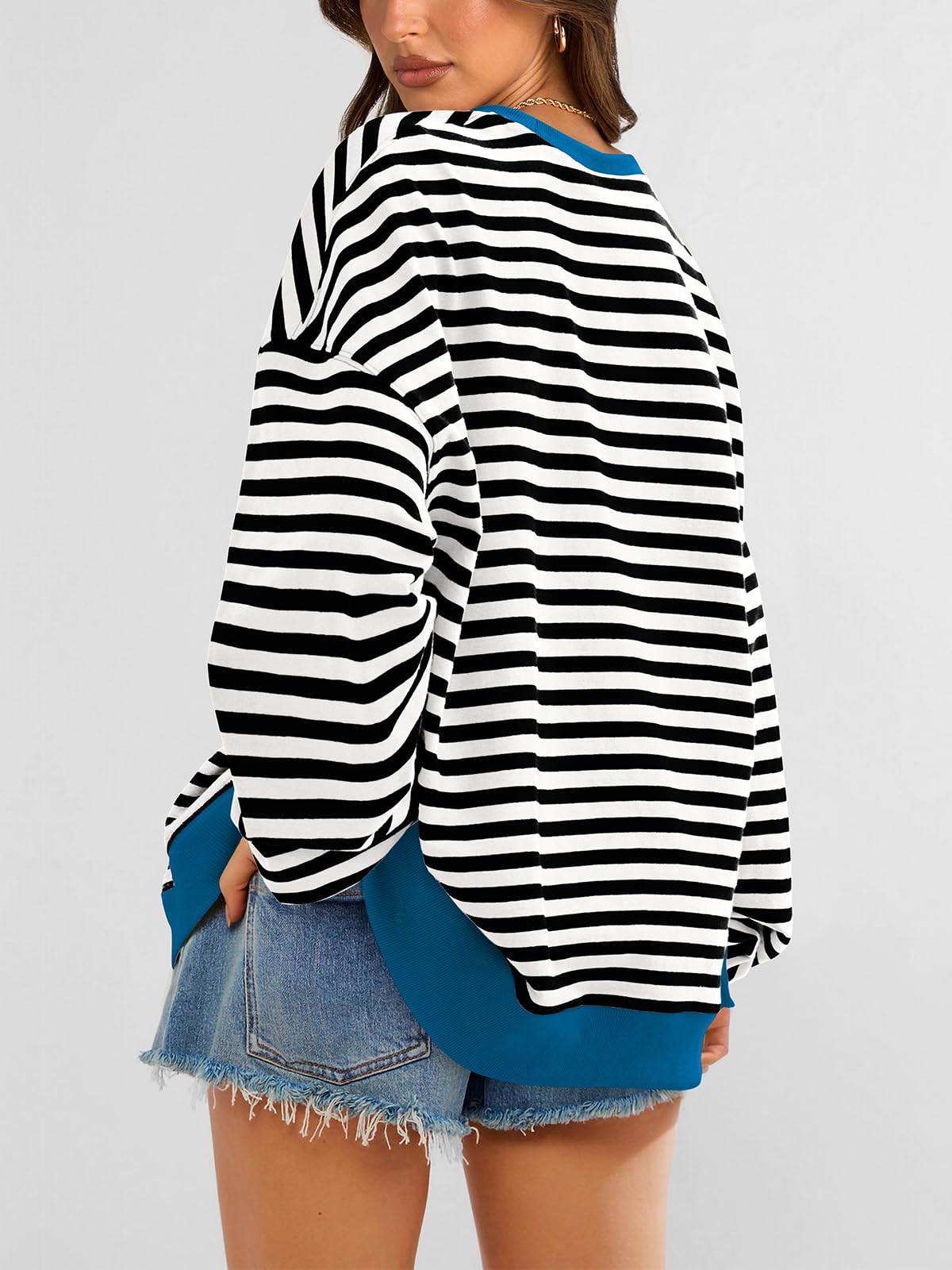PRETTYGARDEN Women Striped Oversized Sweatshirt Color Block Crew Neck Long Sleeve Casual Pullover Top Spring Y2K Clothes (Black White, Small)