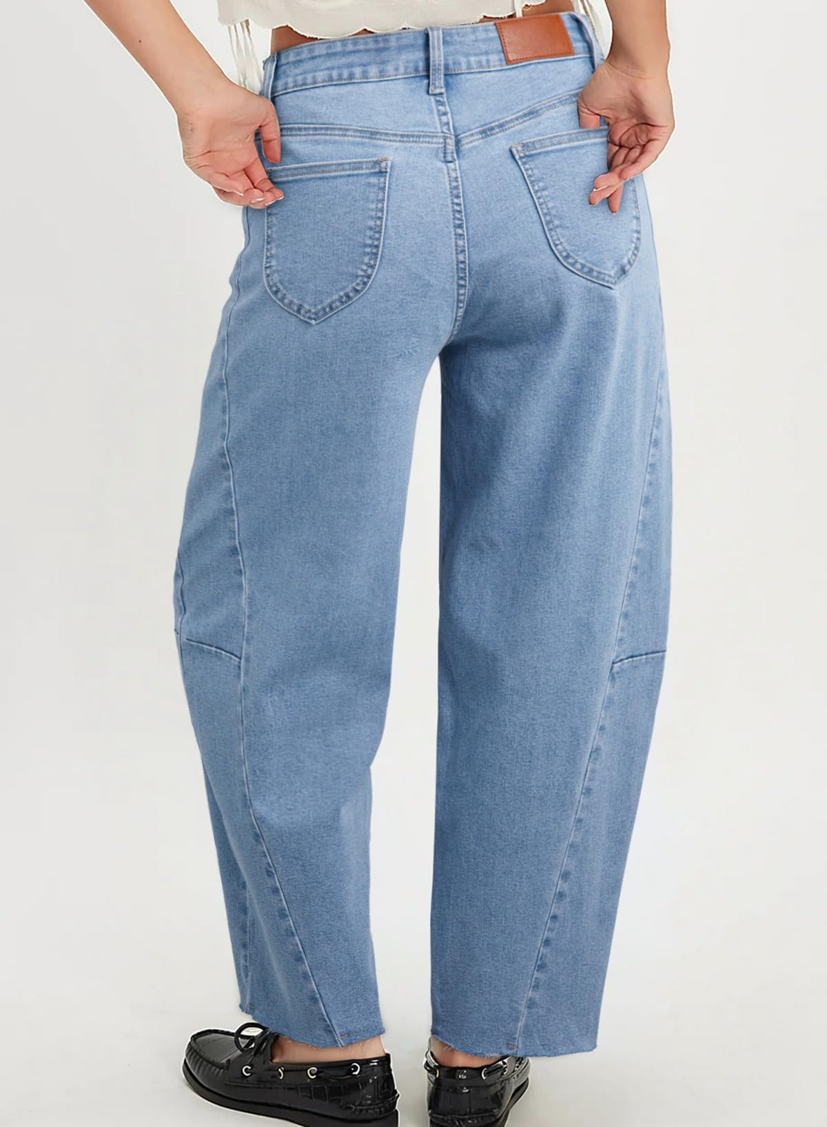 Dokotoo Women's Fashion Barrel Jeans Baggy Wide Leg Jeans Woman Casual Loose Solid Stretchy High Waisted Denim Pants with Pockets Lightweight Cotton Raw Edge Hem Button Closure Trousers Blue Size 10