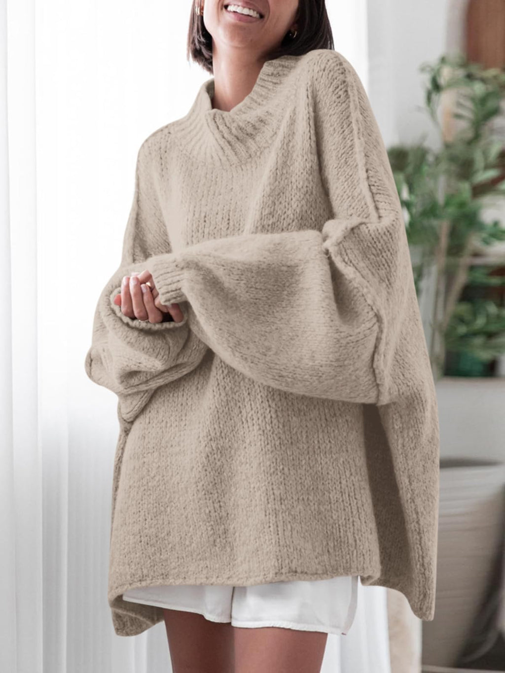 Saodimallsu Womens Oversized Sweaters Mock Neck Batwing Long Sleeve 2025 Fall Trendy Ribbed Knit Casual Tunic Sweater Khaki